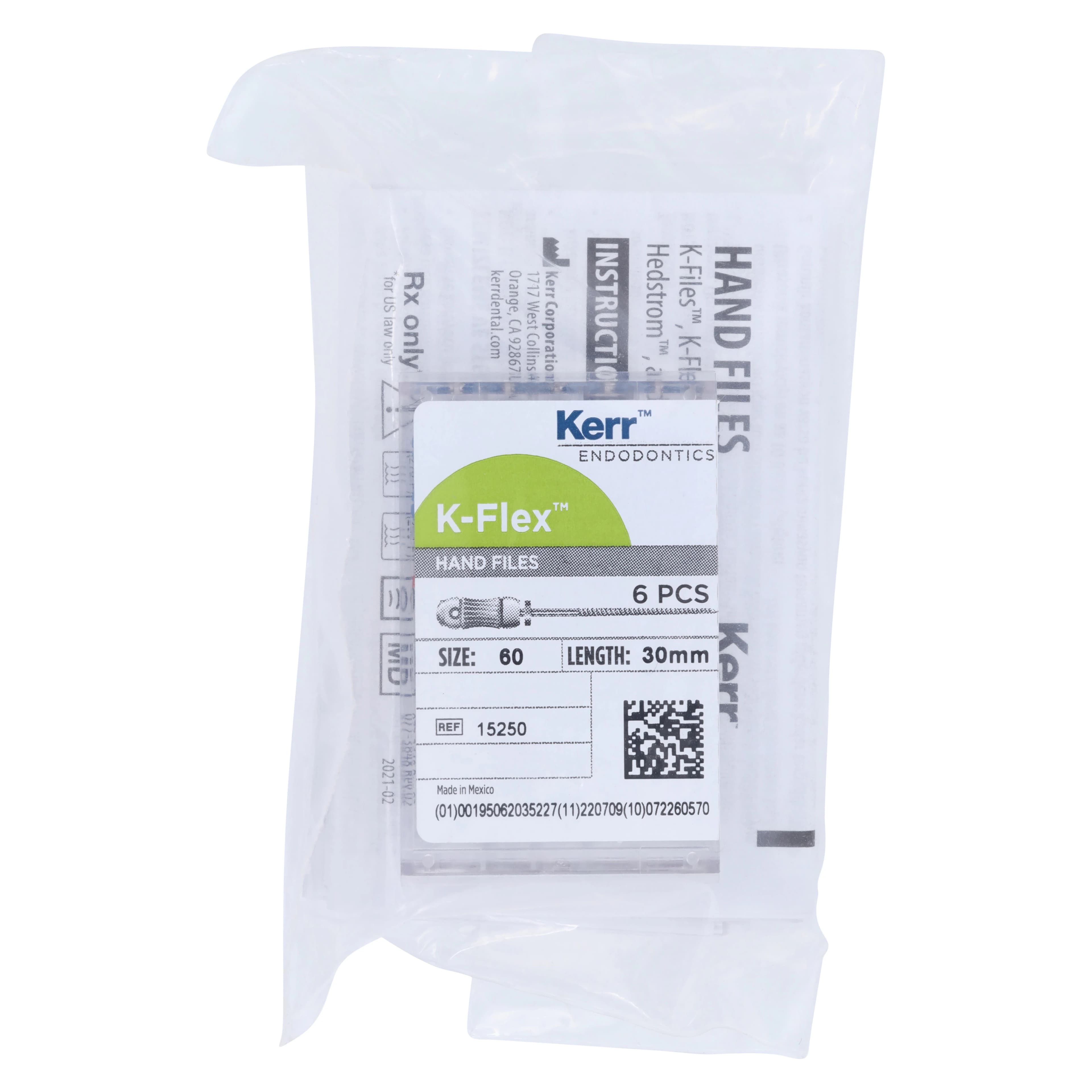 Kerr K-Flex Endodontic Files, #60 (Blue), 30mm, Stainless Steel, 6/Box, 15250 - #60 Blue SybronEndo K-Flex Files 30mm Pack of 6 - Image 1
