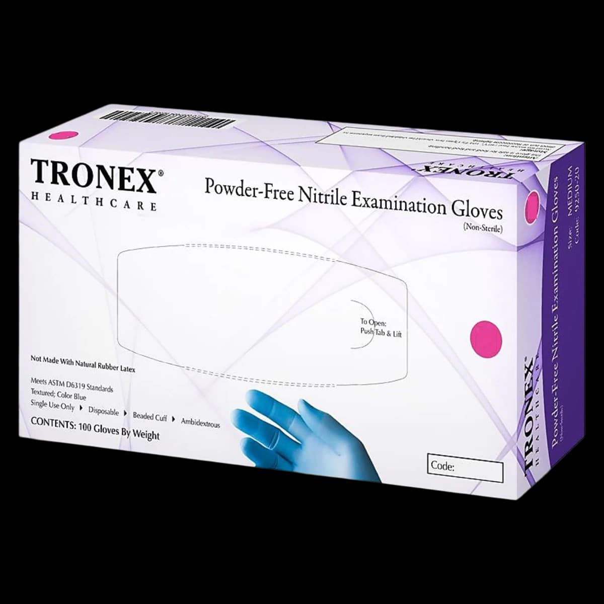 Tronex International Nitrile Exam Gloves, Powder Free, Textured, Medium, Blue, Non-Sterile, 100/Box thumbnail 2