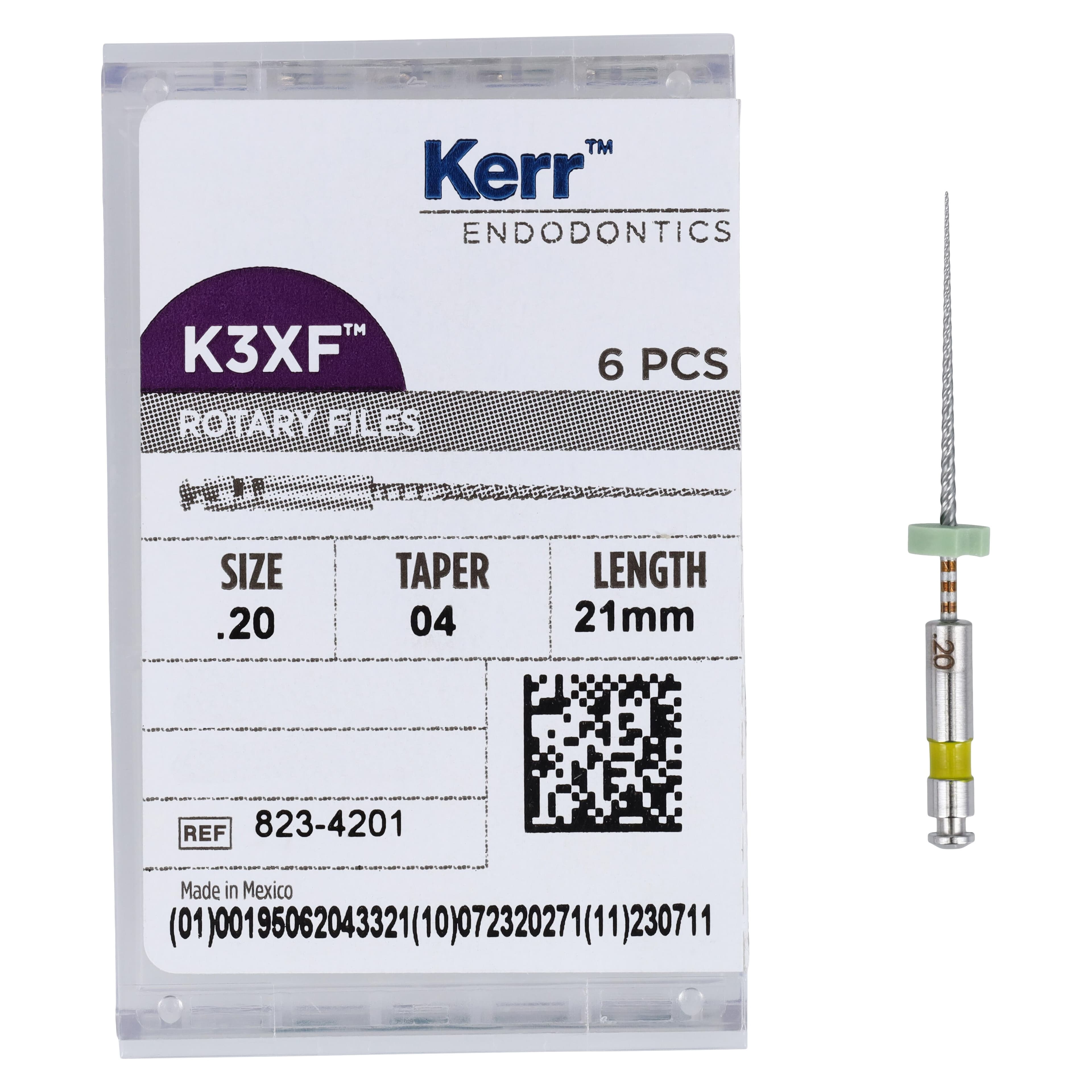 K3XF NiTi Rotary File, .04 Taper, Size #20, 21 mm, Yellow, 6/Pk, 823-4201 thumbnail 5