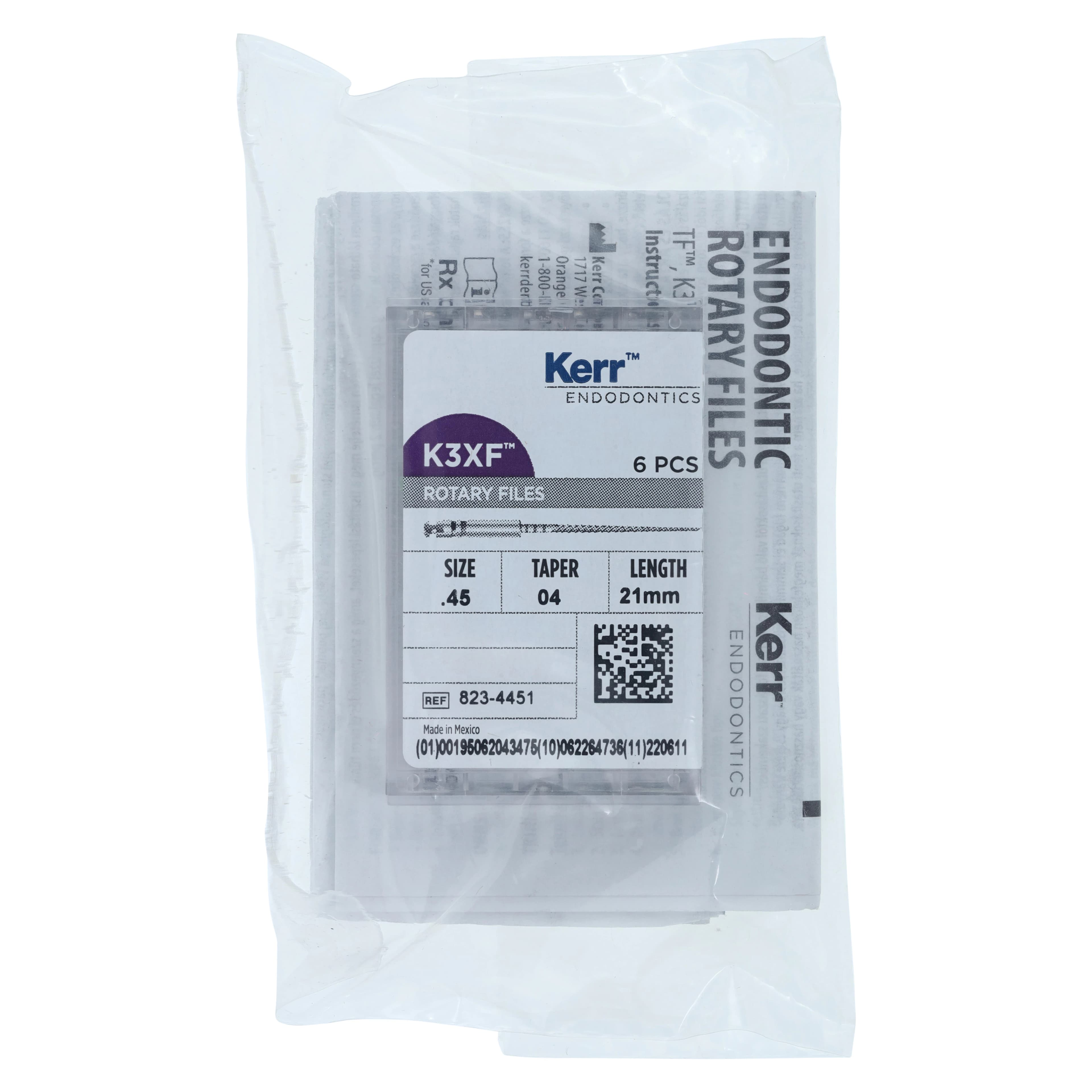 K3XF NiTi Rotary File, .04 Taper, #45, White, 21 mm, 6/Pk, 823-4451 - K3XF, Rotary Files, NiTi, 21 mm, .04, Taper, # 45, White, 6/Pk, 823-4451 - Image 1