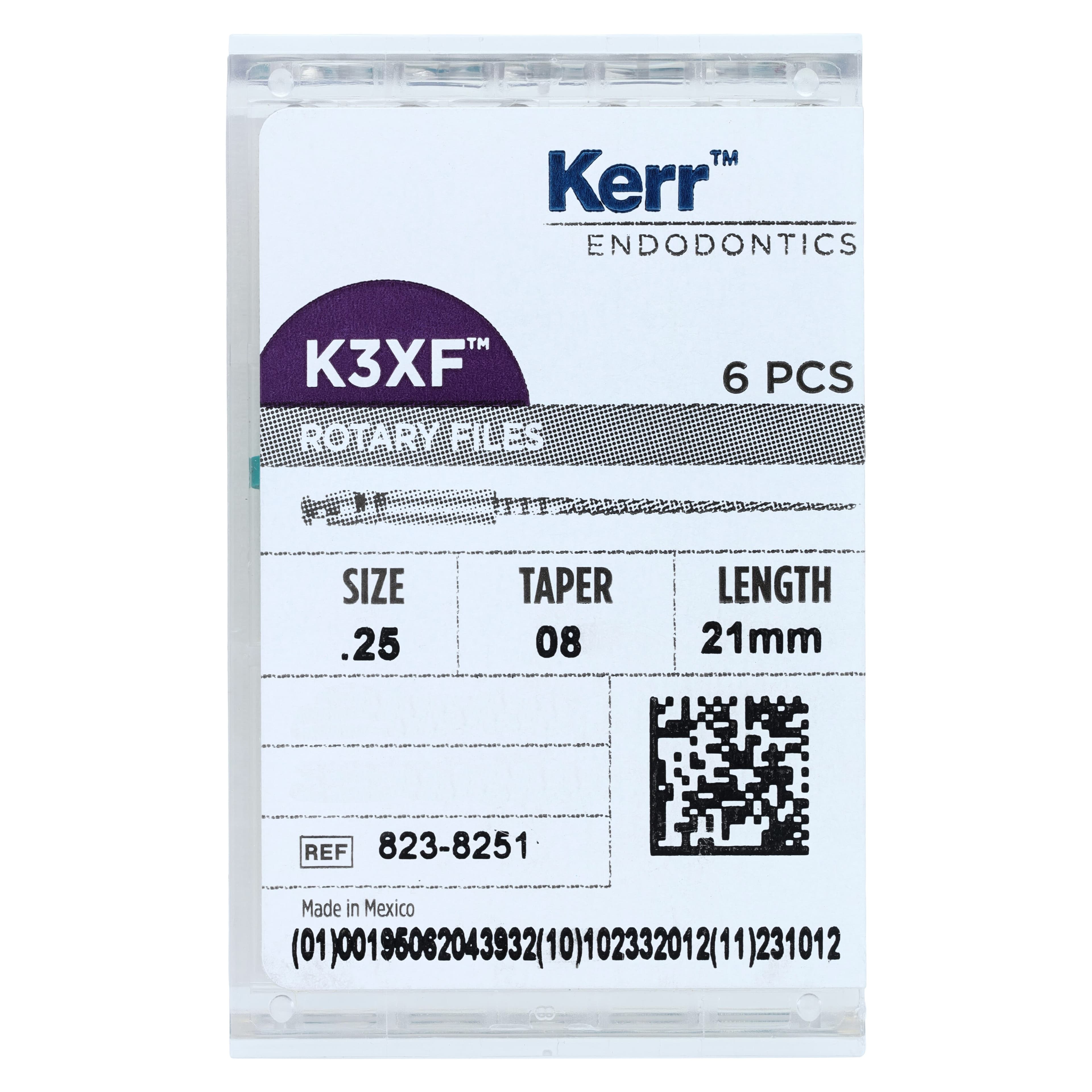 K3XF Nickel Titanium Rotary Files, Size #25, .08 Taper, 21 mm, Red, 6/Pack, 823-8251 - K3XF Nickel Titanium Rotary Files 21 mm - Image 1