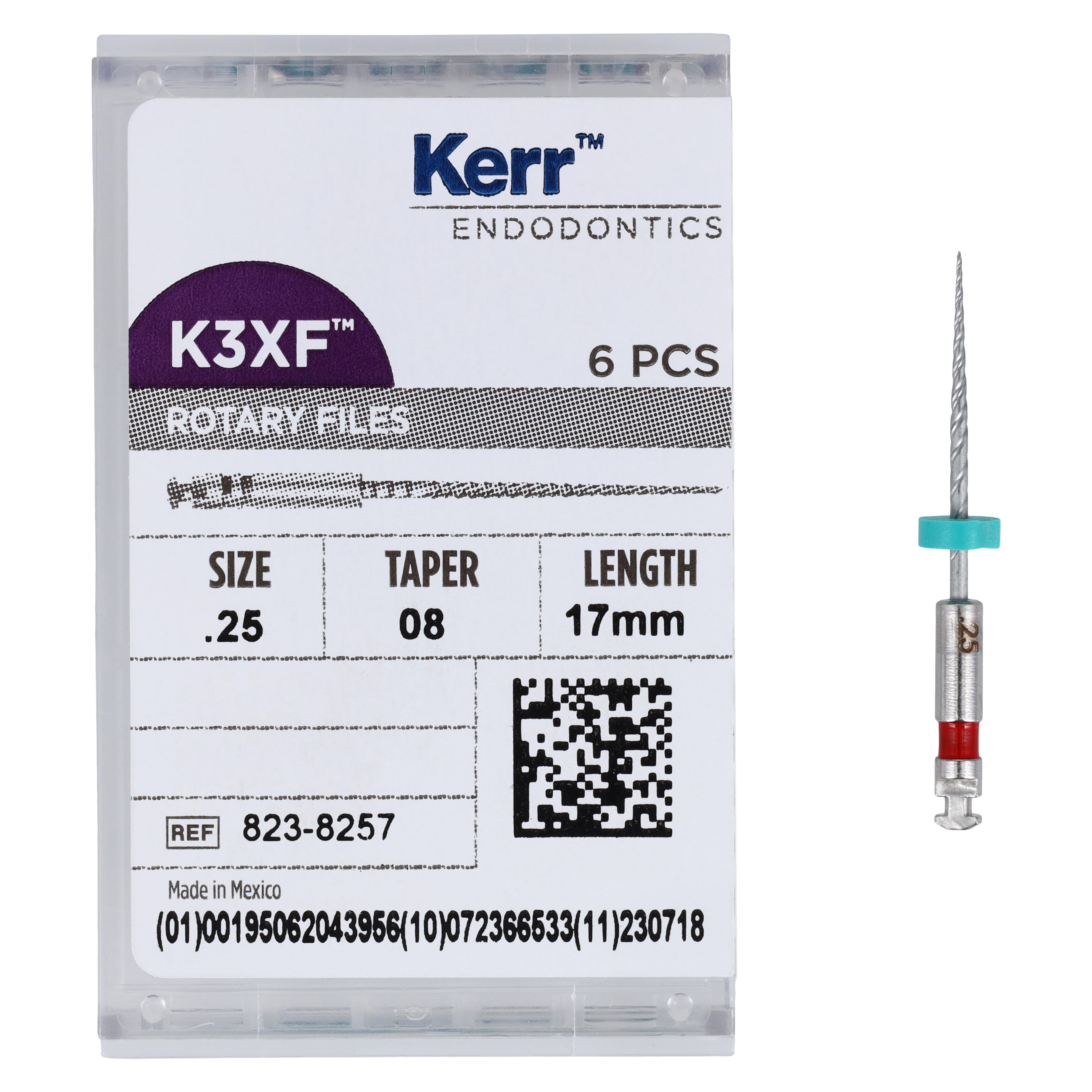Kerr K3XF Nickel-Titanium Rotary File, #25/.08 Taper, 17mm, Red, 6/Pk, 823-8257 thumbnail 5
