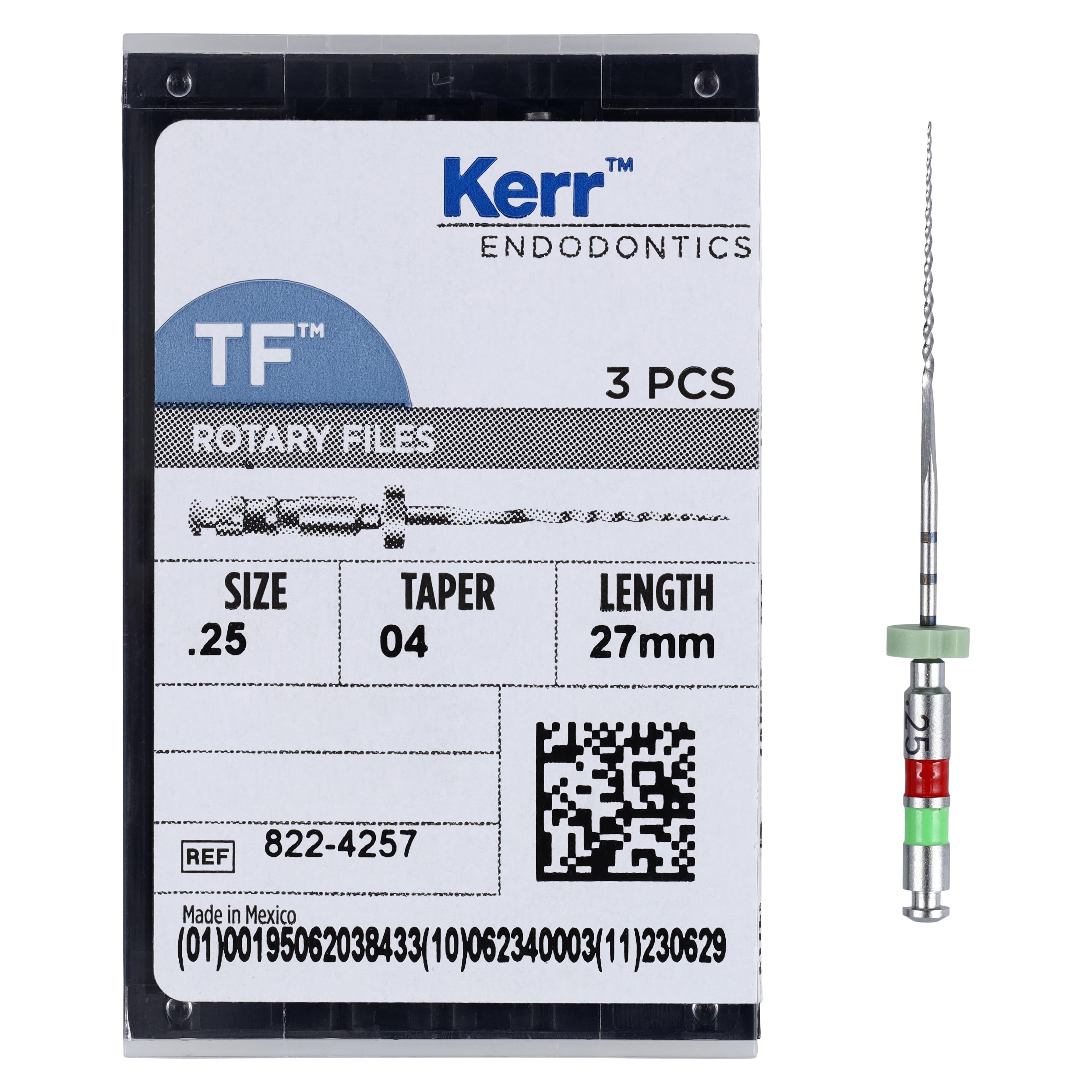 Kerr TF Twisted Files Rotary NiTi File, 27 mm, 0.04 Taper, #25, Red, 3/Pk, 822-4257 thumbnail 5