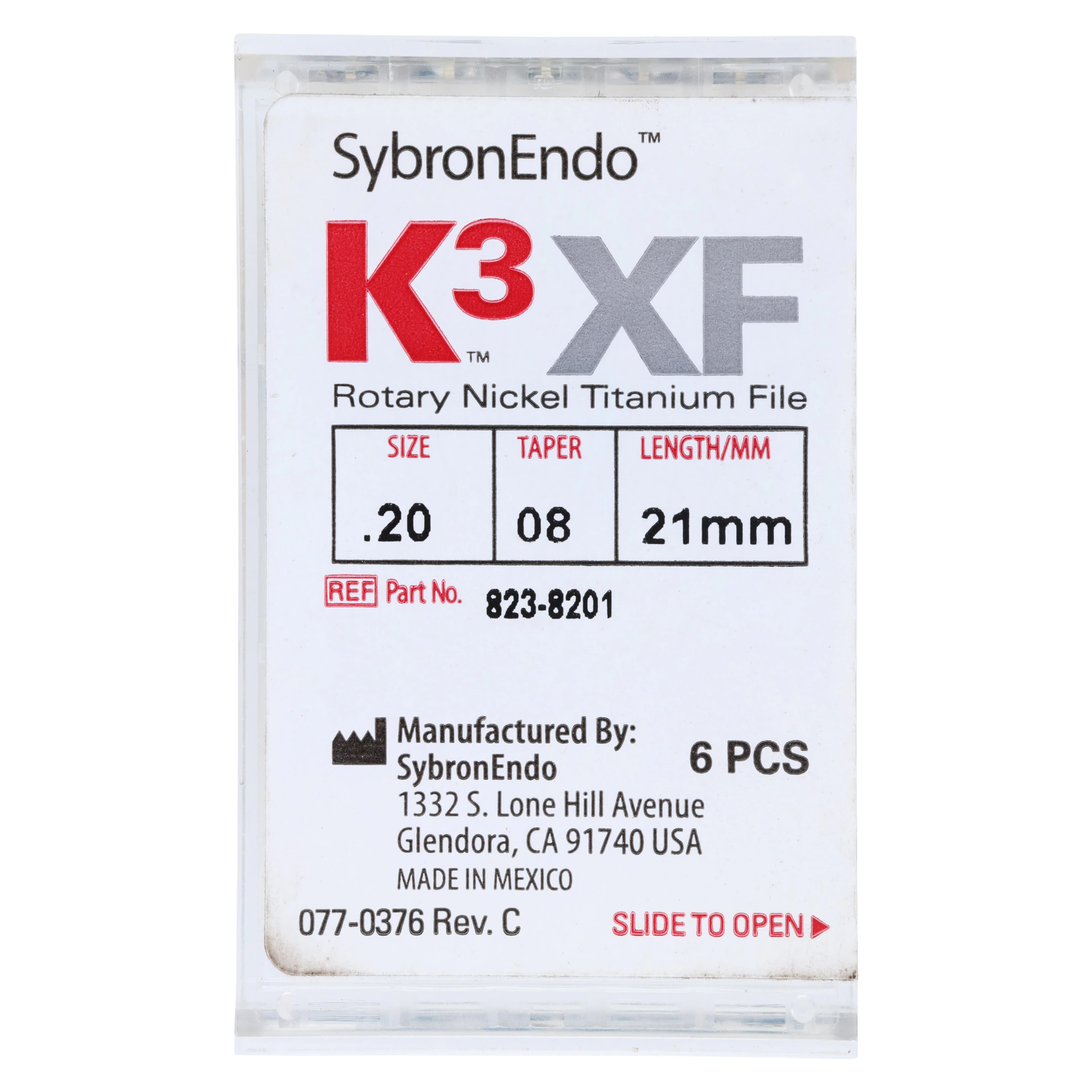 Kerr K3XF Nickel Titanium Rotary File, Size #20, .08 Taper, 21mm, Yellow, 6/Pack, 823-8201 - #20 Yellow .08 K3XF Nickel Titanium Files 21mm Pack of 6 - Image 1
