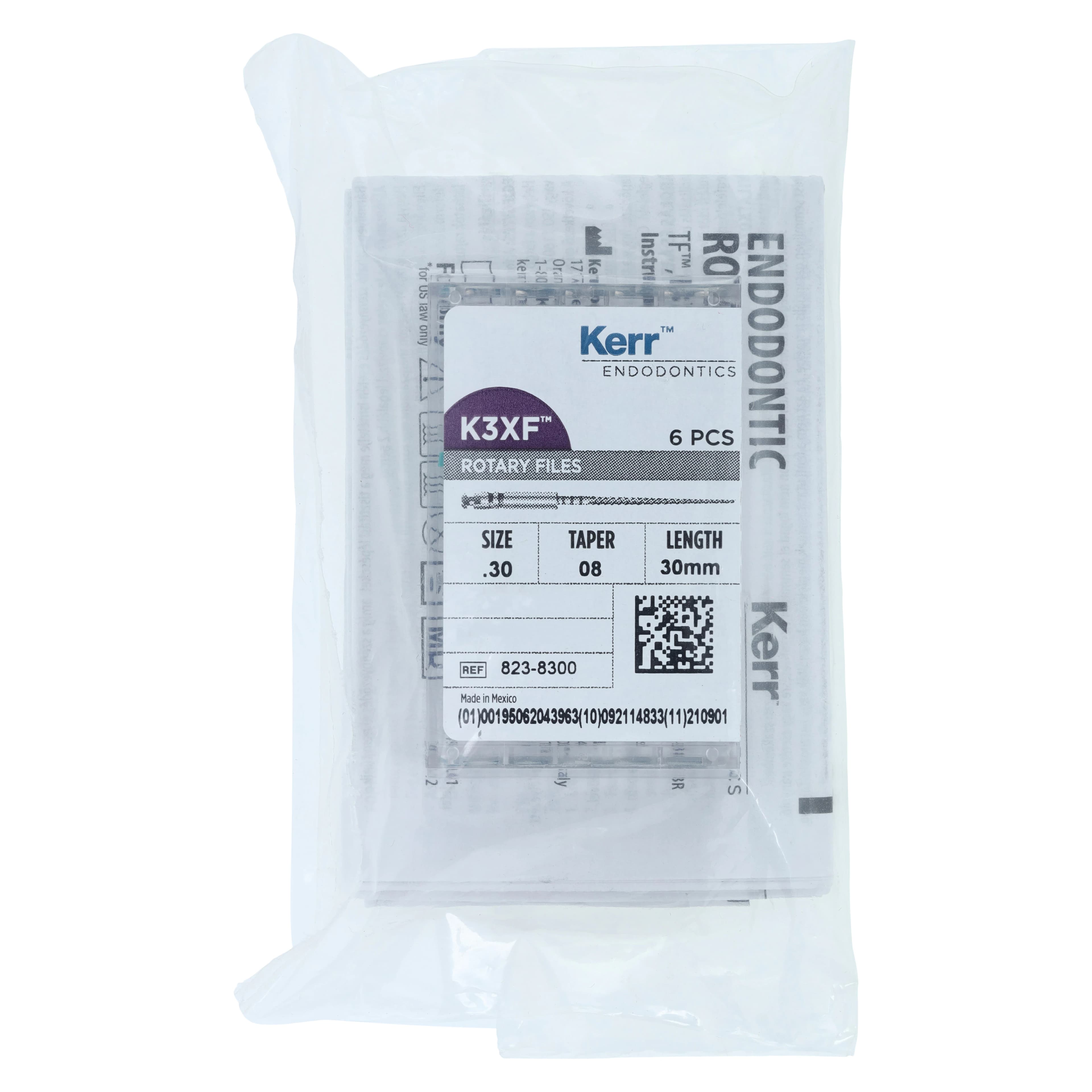 Kerr K3XF Nickel Titanium Rotary File, Size #30, .08 Taper, 30mm, Blue, Pack of 6, 823-8300 - #30 Blue .08 K3XF Nickel Titanium Files 30mm Pack of 6 - Image 1