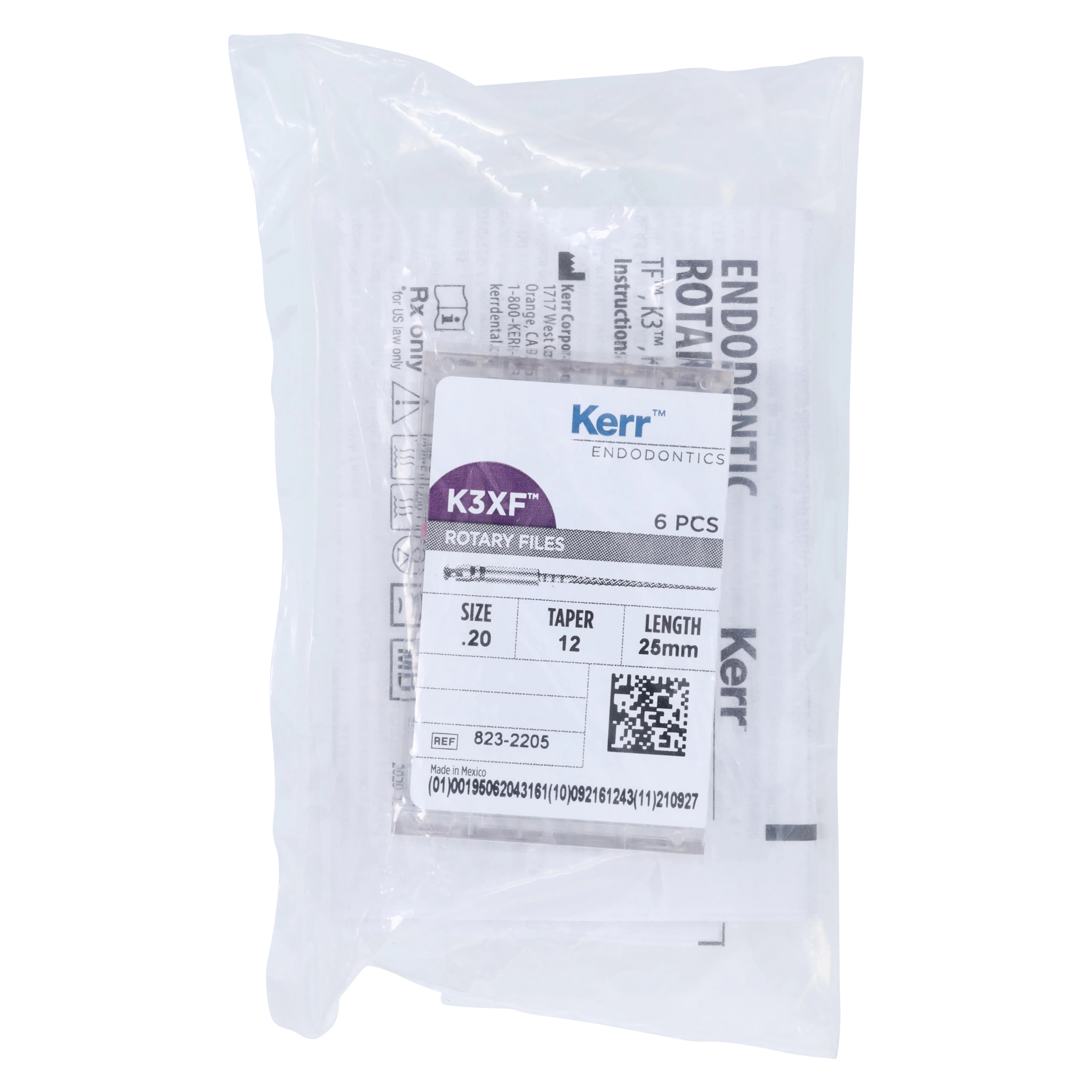 Kerr K3XF Nickel Titanium Rotary File, Size #20, Taper .12, 25mm, Yellow, 6/Pack, 823-2205 - #20 Yellow .12 K3XF Nickel Titanium Files 25mm Pack of 6 - Image 1