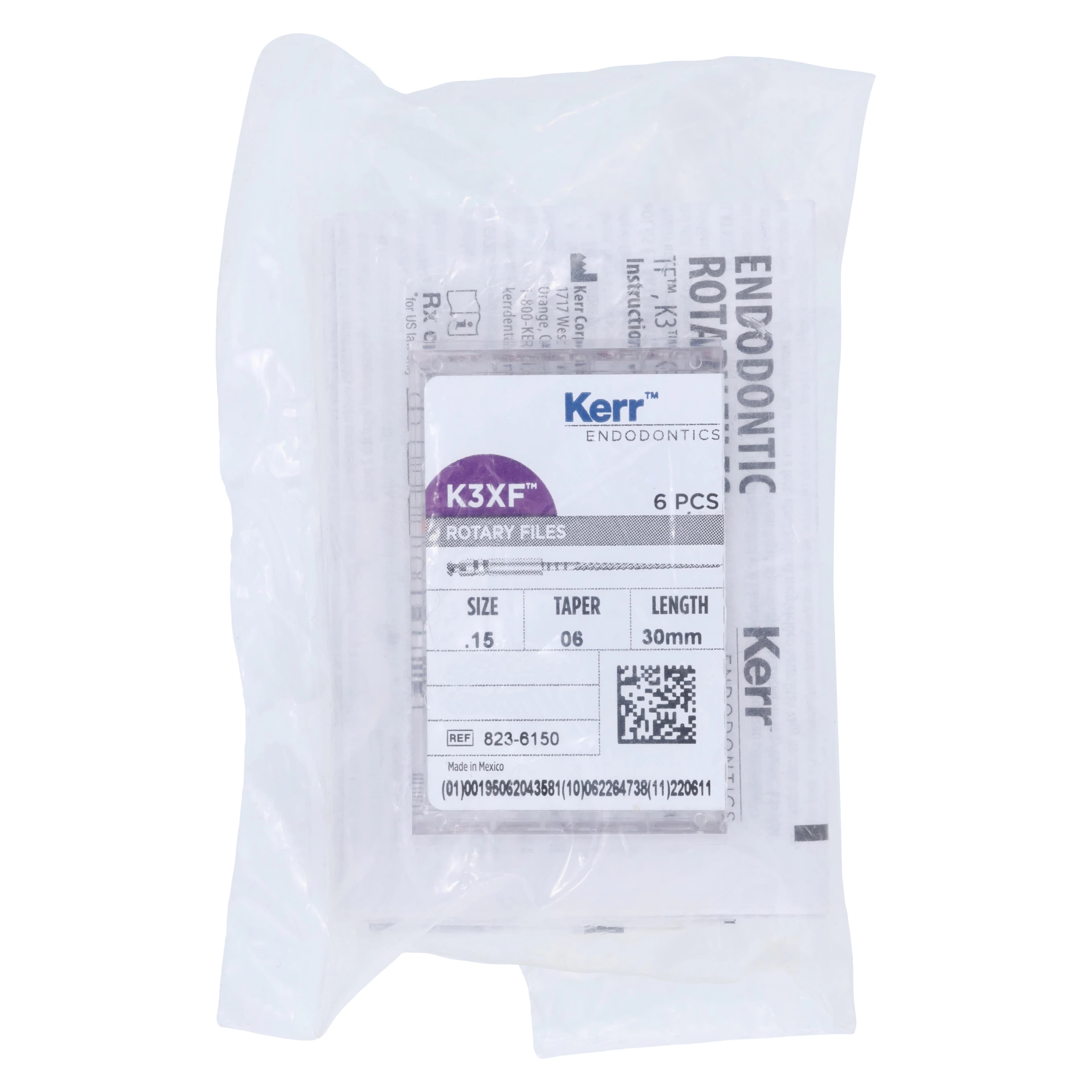 Kerr K3XF Nickel Titanium Rotary File, Size #15, .06 Taper, 30mm, White, Pack of 6, 823-6150 - #15 White .06 K3XF Nickel Titanium Files 30mm Pack of 6 - Image 1