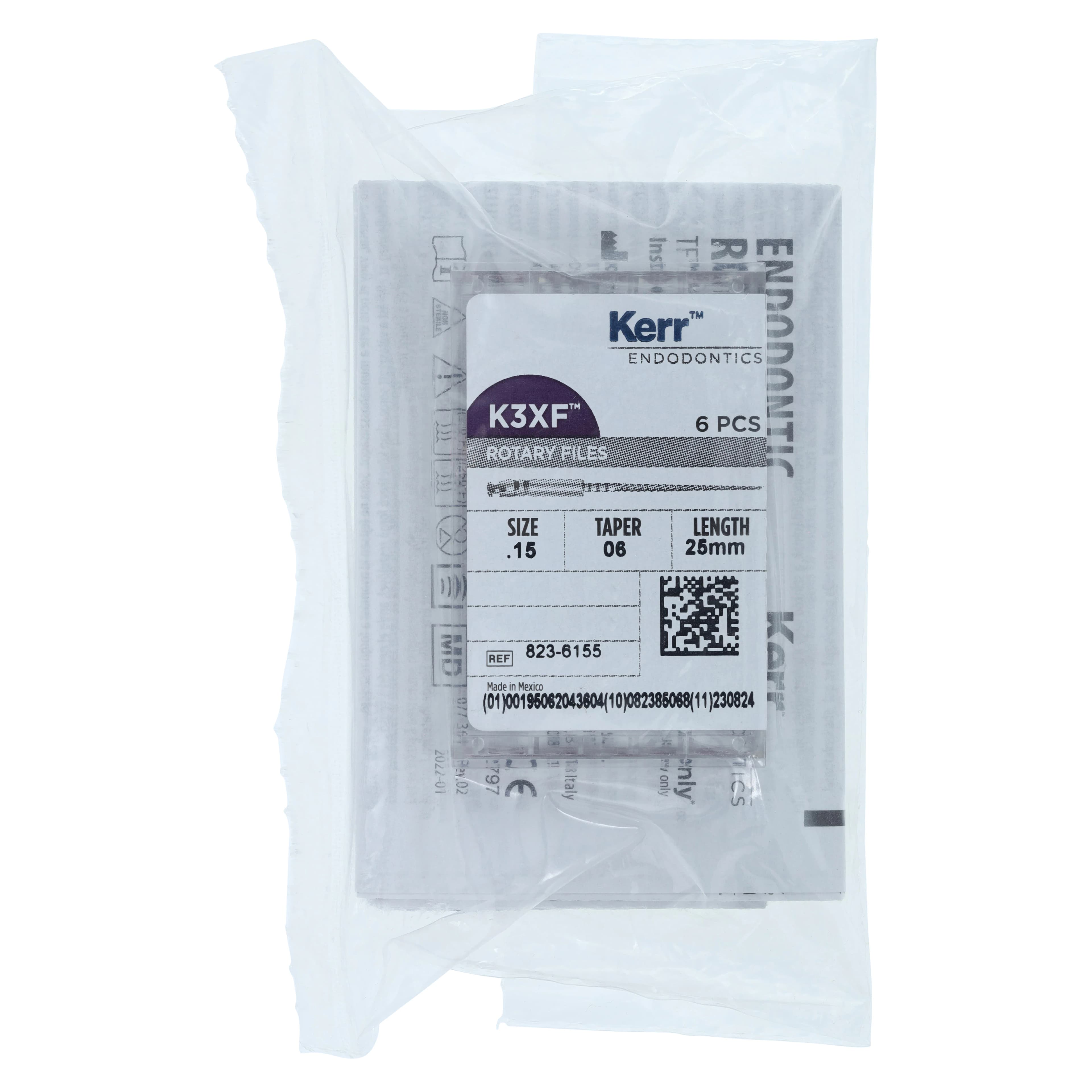 Kerr K3XF Nickel Titanium Rotary File, #15 White, .06 Taper, 25mm, Pack of 6, 823-6155 - #15 White .06 K3XF Nickel Titanium Files 25mm Pack of 6 - Image 1