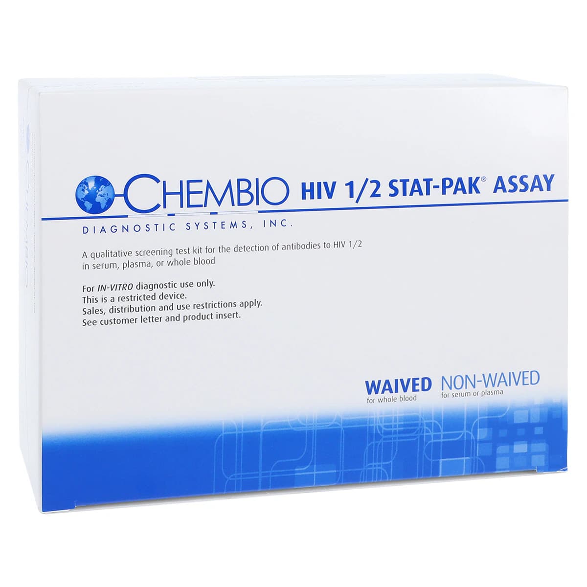 Chembio HIV 1/2 STAT-PAK Rapid Test Kit, CLIA Waived, 20 Tests, 20 Individually Pouched Devices, 20 Sample Loops, 3.5 mL Running Buffer - Stat-Pak HIV 1&2 - Image 1