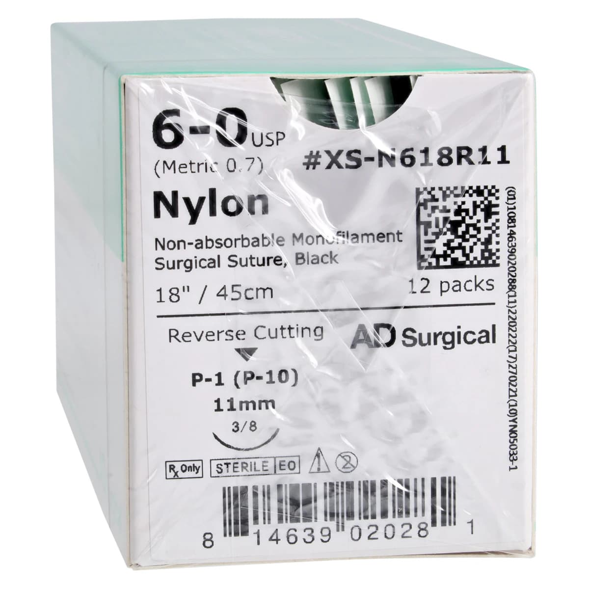 AD Surgical Unify Nylon Monofilament Suture, 6-0, 18", P-1 Reverse Cutting 3/8 Circle Needle 11mm, Black, Non-Absorbable, 12/Box thumbnail 2