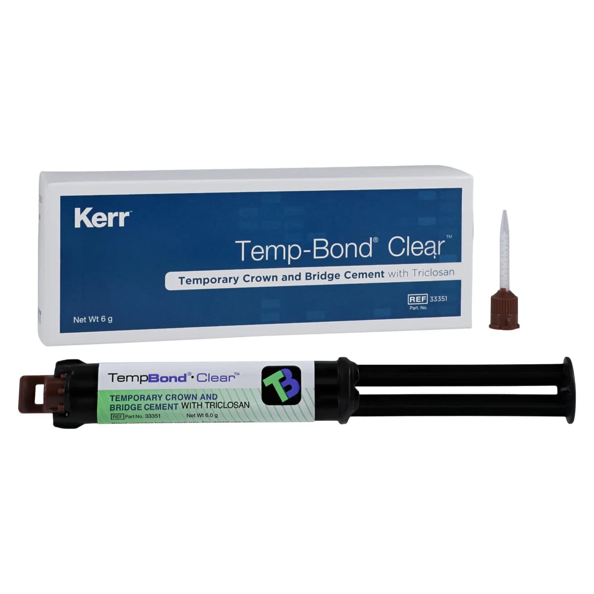 Kerr Temp-Bond Clear with Triclosan Temporary Cement, Automix Syringe, 6 g, Clear, 1 Syringe + 10 Mixing Tips, #33351 thumbnail 2