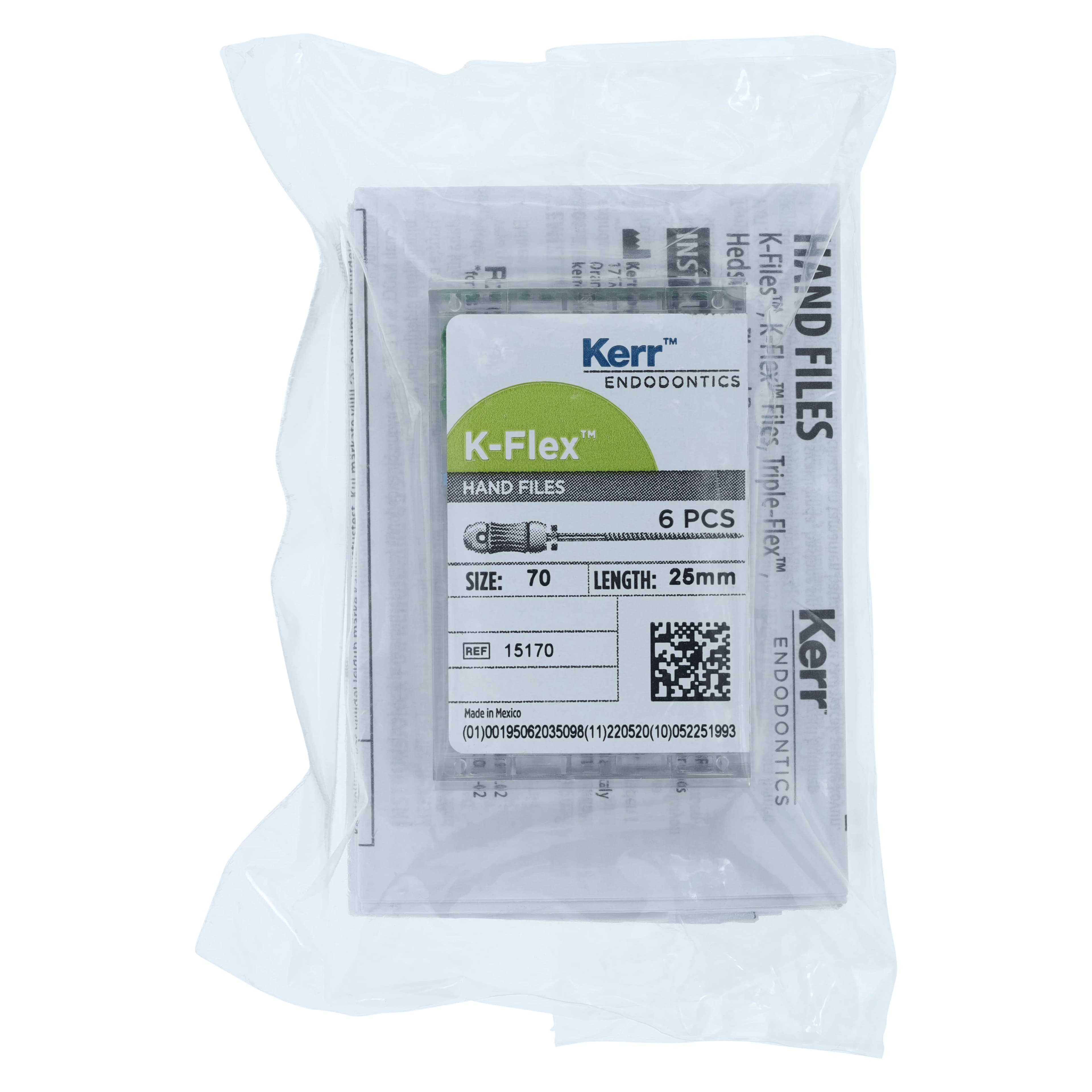 Kerr K-Flex Endodontic Files, #70 (Green), 25mm, Stainless Steel, Color-Coded Plastic Handle, 6/Pack, #15170 - #70 Green SybronEndo K-Flex Files 25mm Pack of 6 - Image 1