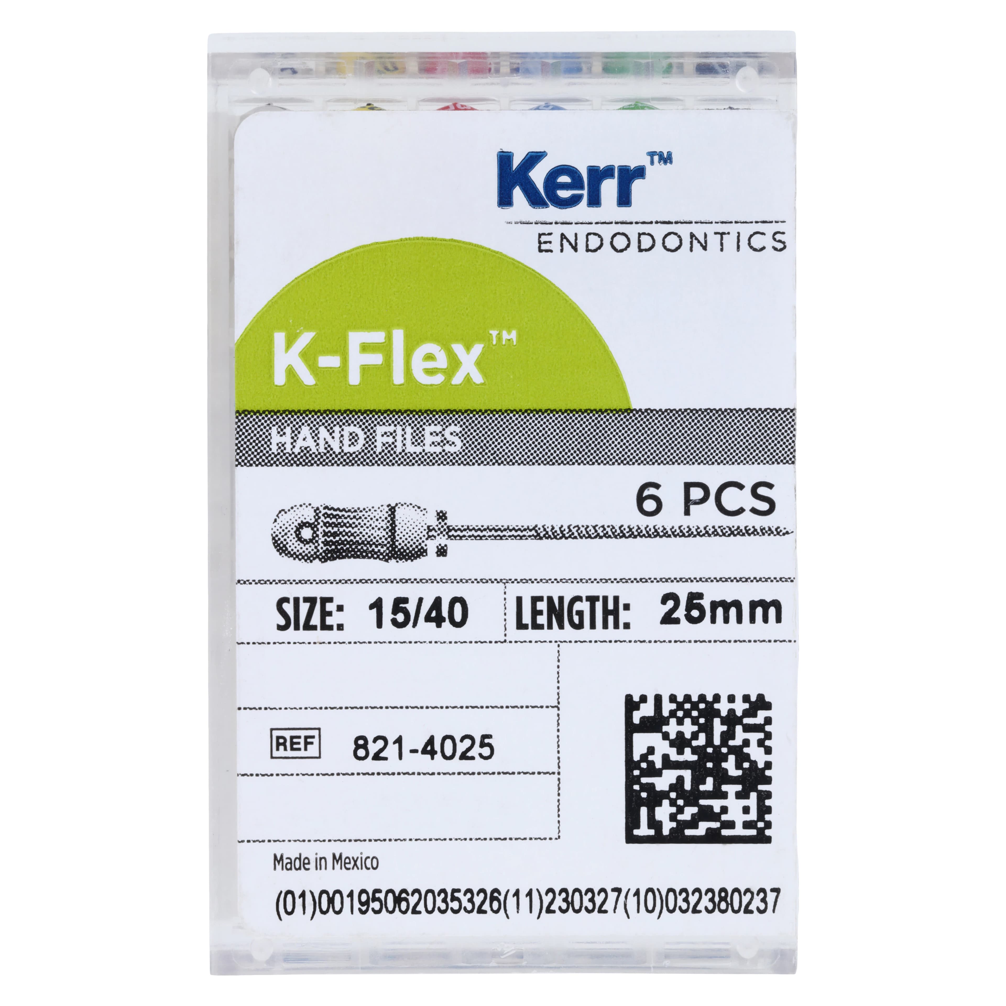 Kerr K-Flex Endodontic Files, Stainless Steel, 25mm, Assorted Sizes #15-40, 6/Pack, 821-4025 - #15-40 Assorted SybronEndo K-Flex Files 25mm Pack of 6 - Image 1
