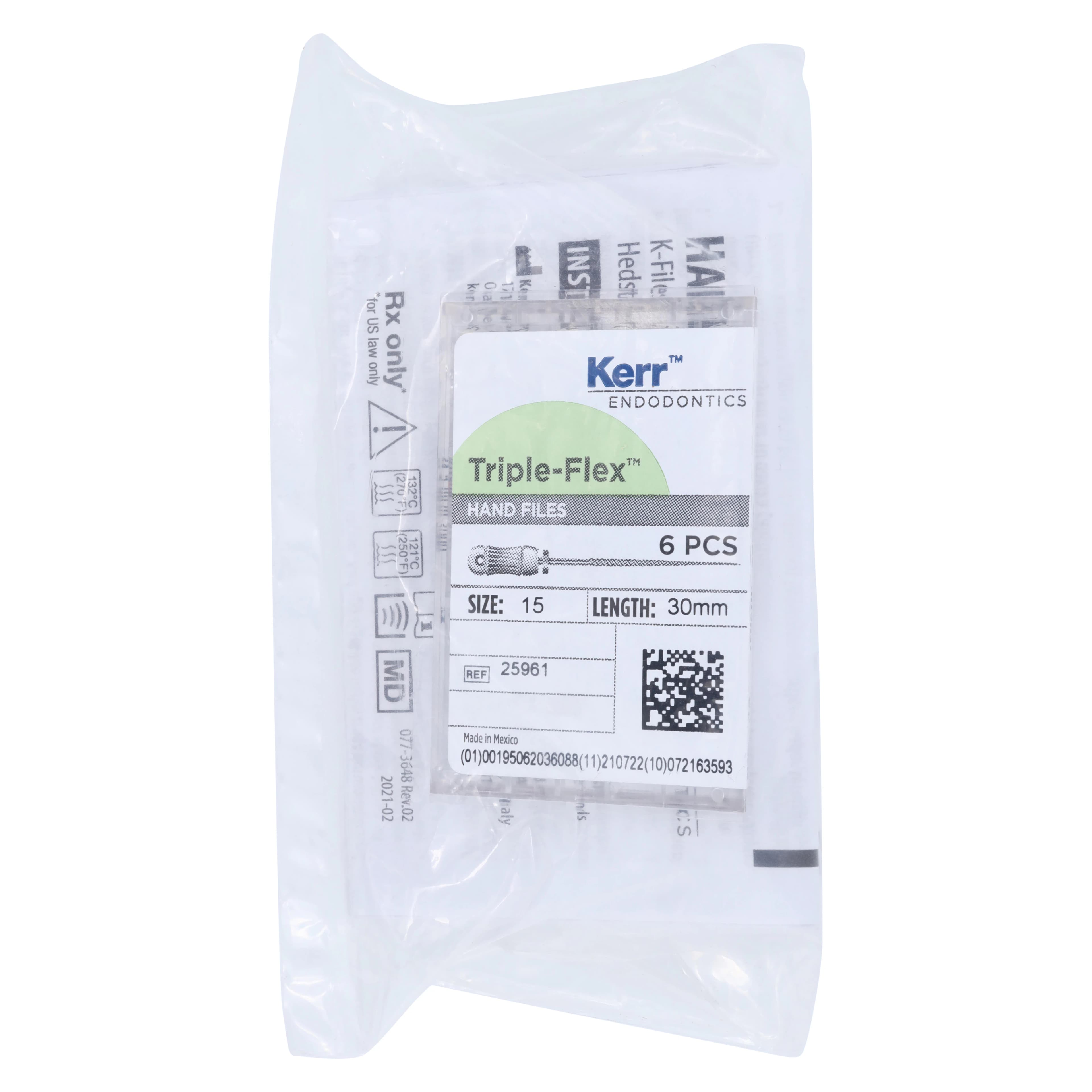 Kerr Triple-Flex Stainless Steel Endodontic Hand Files, Size #15 (White), 30 mm, 6/Box, 25961 - #15 White SybronEndo Triple-Flex Files 30mm Pack of 6 - Image 1