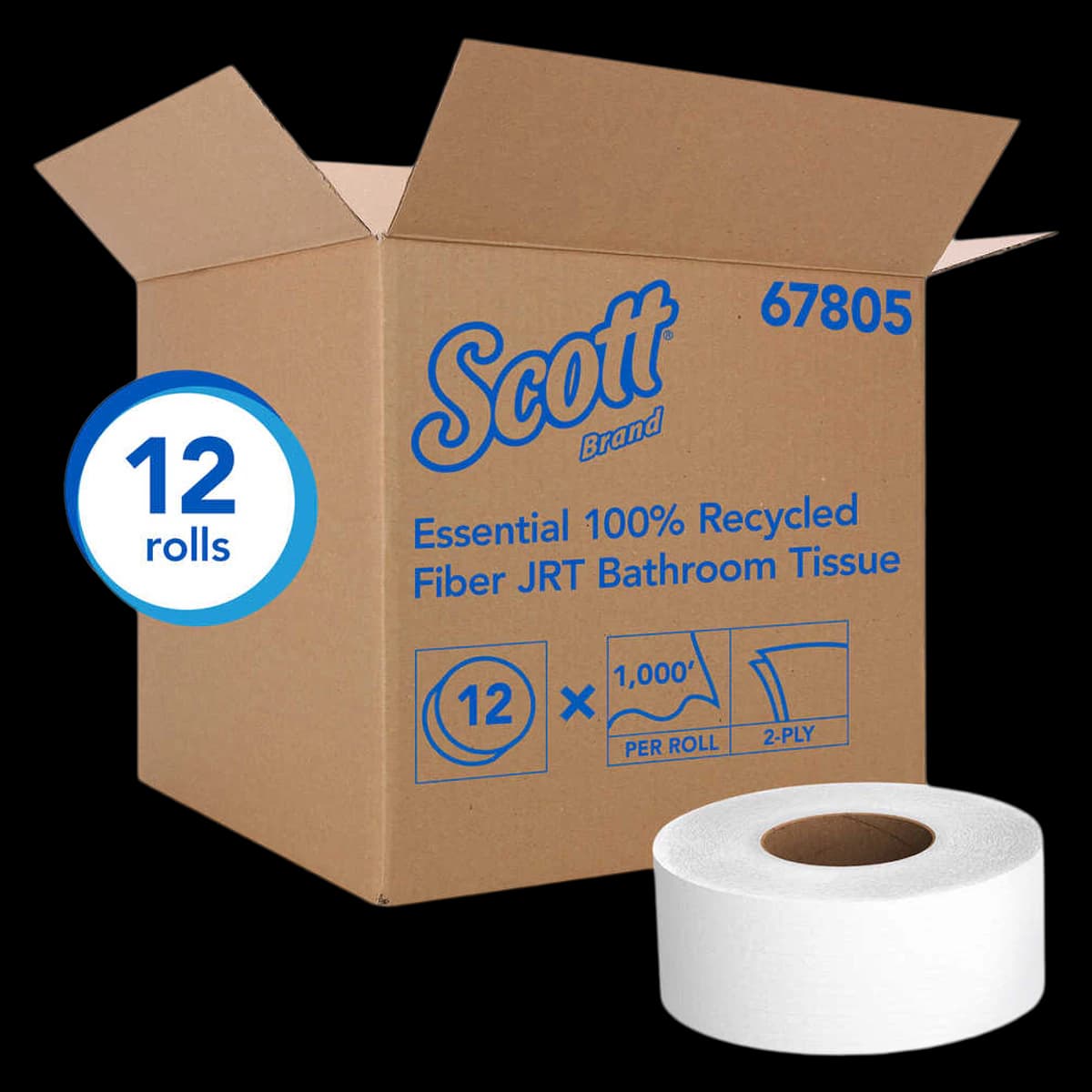 Scott Essential JRT Jr. 100% Recycled Fiber Bathroom Tissue, 2-Ply, White, 3.55" x 1000' Rolls, 12/Case - Scott Essential 100% Recycled Fiber JRT Bathroom Tissue for Business - Image 1