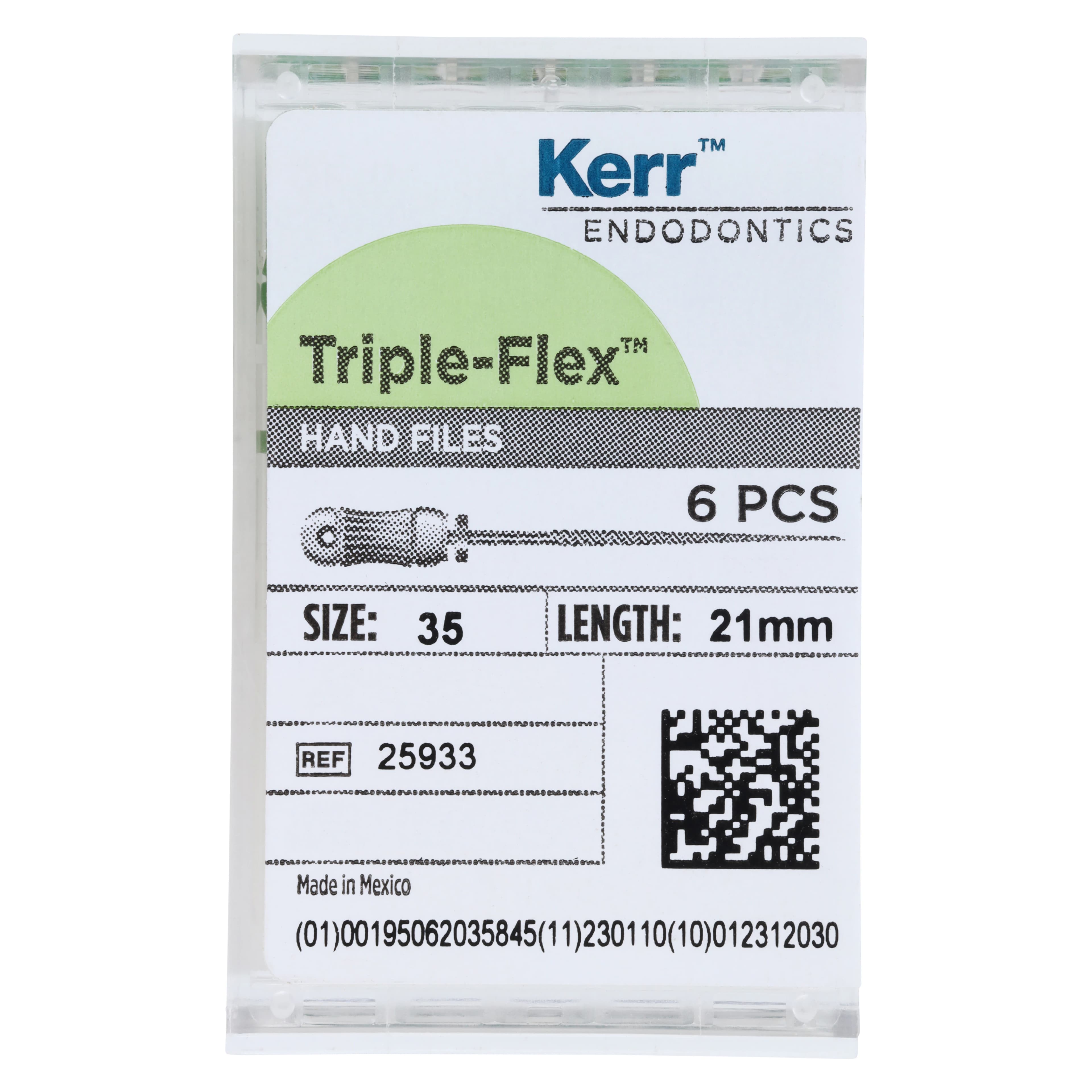 Kerr Triple-Flex Stainless Steel Endodontic Files, #35 (Green), 21mm, 6/Box, 25933 - #35 Green SybronEndo Triple-Flex Files 21mm Pack of 6 - Image 1