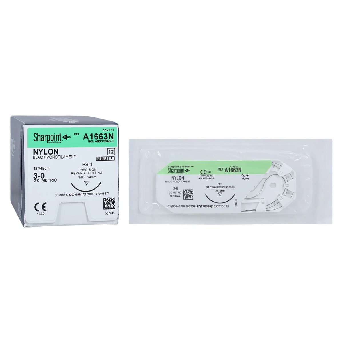 Sharpoint Plus Nylon Monofilament Non-Absorbable Suture, 3-0, 18", PS-1 Precision Reverse Cutting 3/8 Circle Needle 24mm, Black, 12/Box - Sharpoint Plus Suture 3-0 18" Nylon Monofilament PS-1 Black 12Bx - Image 1