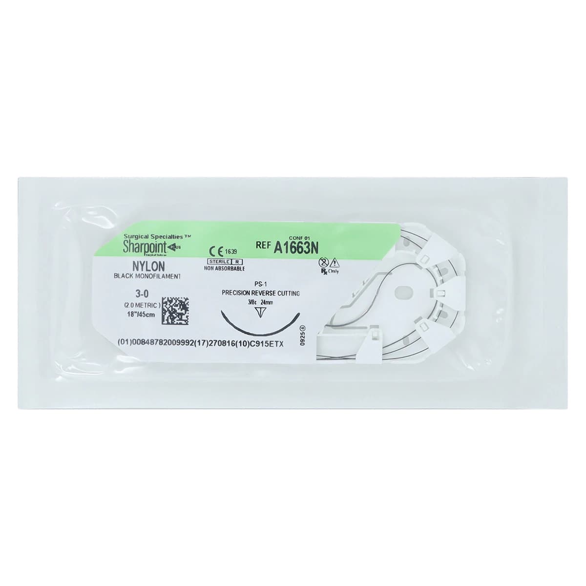 Sharpoint Plus Nylon Monofilament Non-Absorbable Suture, 3-0, 18", PS-1 Precision Reverse Cutting 3/8 Circle Needle 24mm, Black, 12/Box thumbnail 3