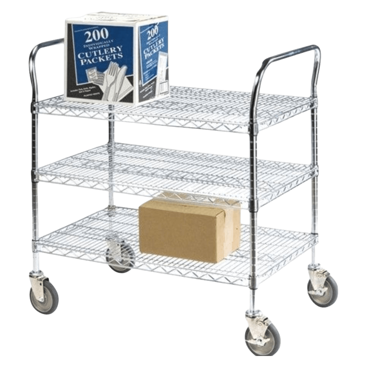 Lakeside Wire 3-Shelf Utility Cart, 18" x 48" x 39", 4 Swivel Casters with Brakes - Cart Wire 3-Shelf 18x48' - Image 1