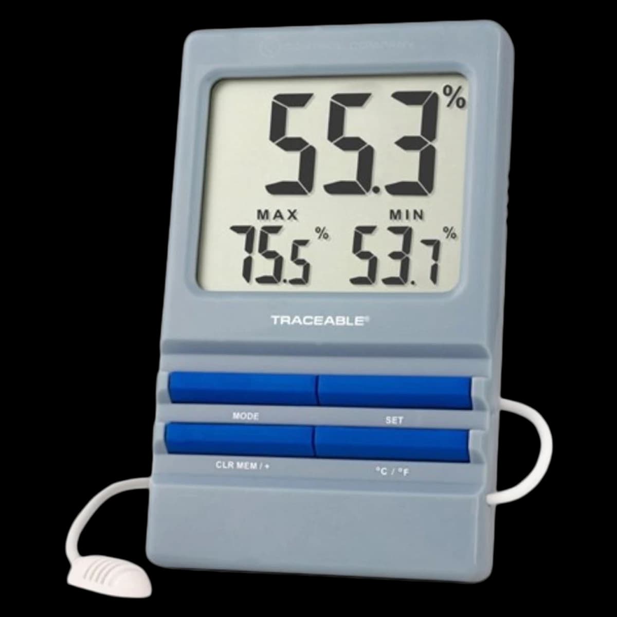 Traceable Remote Alarm RH/Temperature Monitor Hygrometer, ABS Plastic, 0 to 60°C / 5 to 95% RH, 7' Cable Probe, Min/Max Memory, LCD, ISO 17025/A2LA/NIST - Remote Alarm RH/Temp Monitor - Image 1
