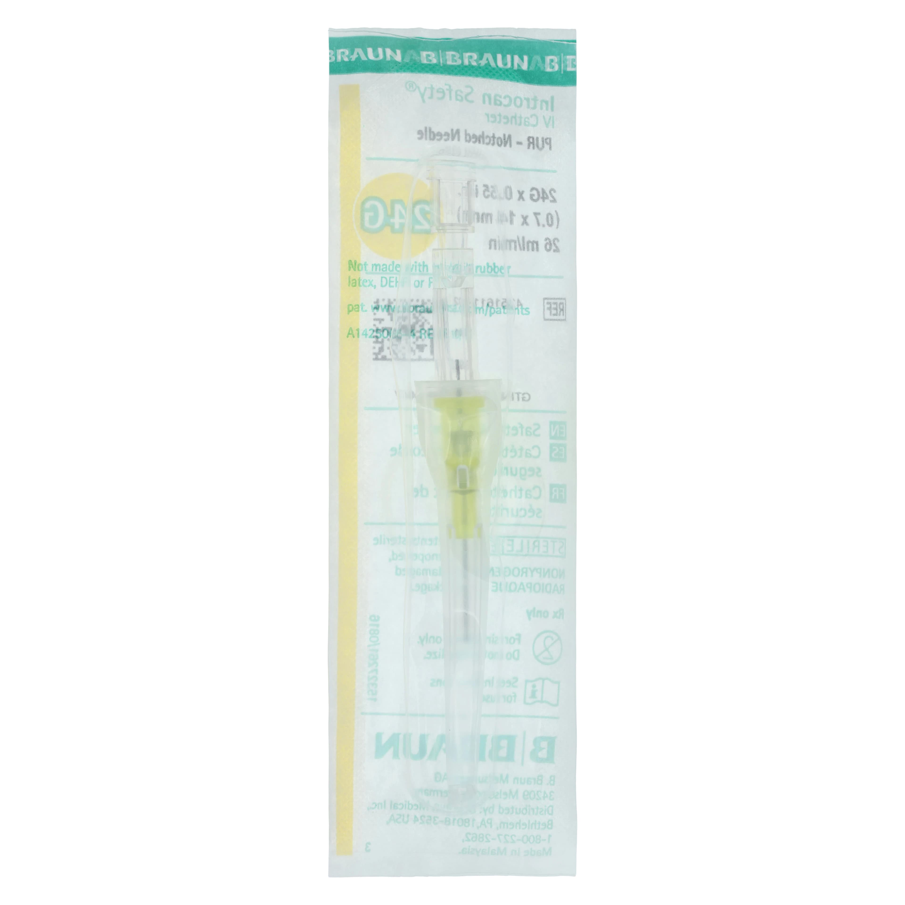 B. Braun Introcan Safety IV Catheter, 24 Gauge, 0.55 in, Polyurethane, Non-DEHP/Non-PVC, Sterile, Latex-Free, Yellow, Straight without Wings, 50/Box thumbnail 3