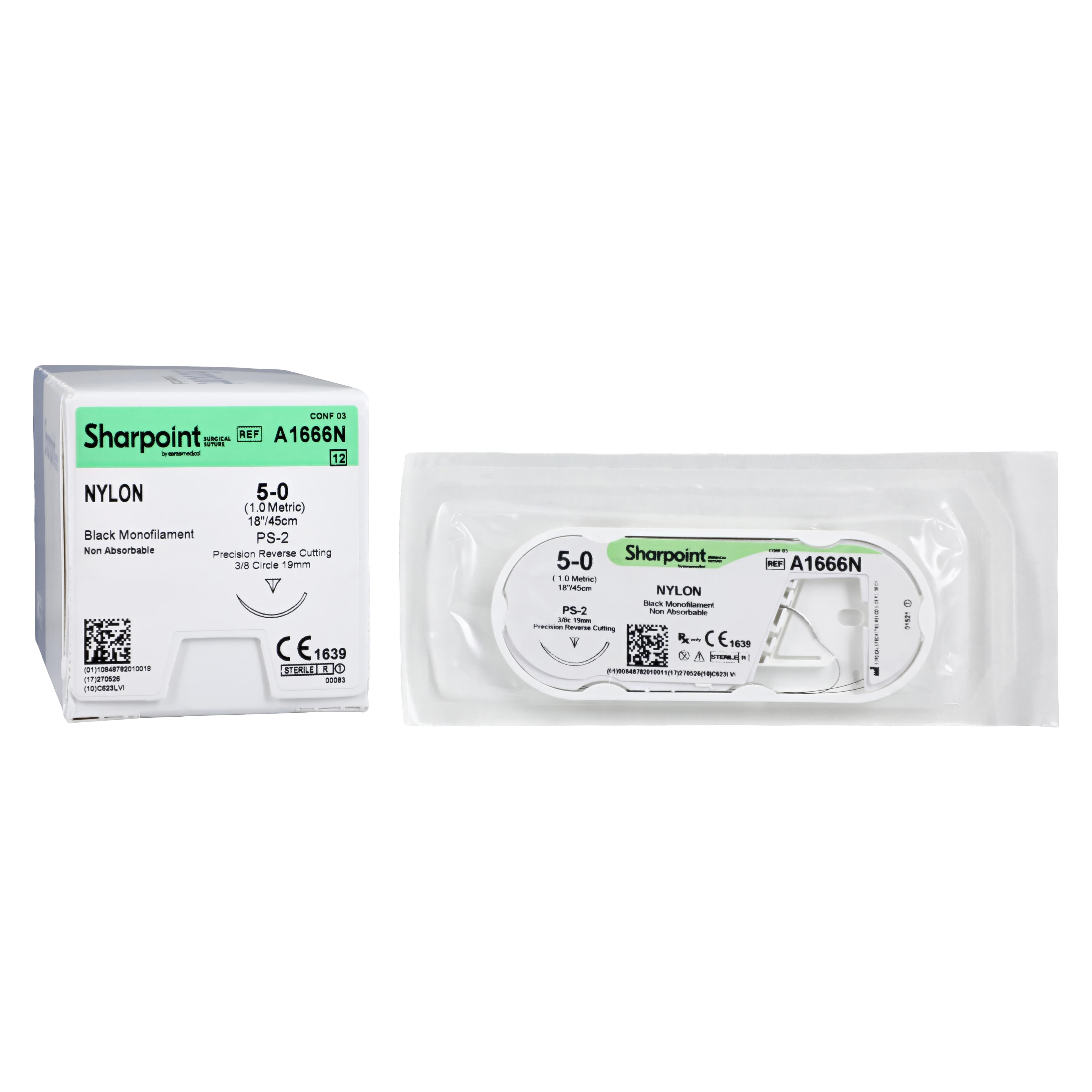 Roylan Nylon Suture, 5-0, 18" (45cm), Monofilament, Non-Absorbable, Reverse Cutting 3/8 Circle Needle 19mm, Black, 12/Box thumbnail 2