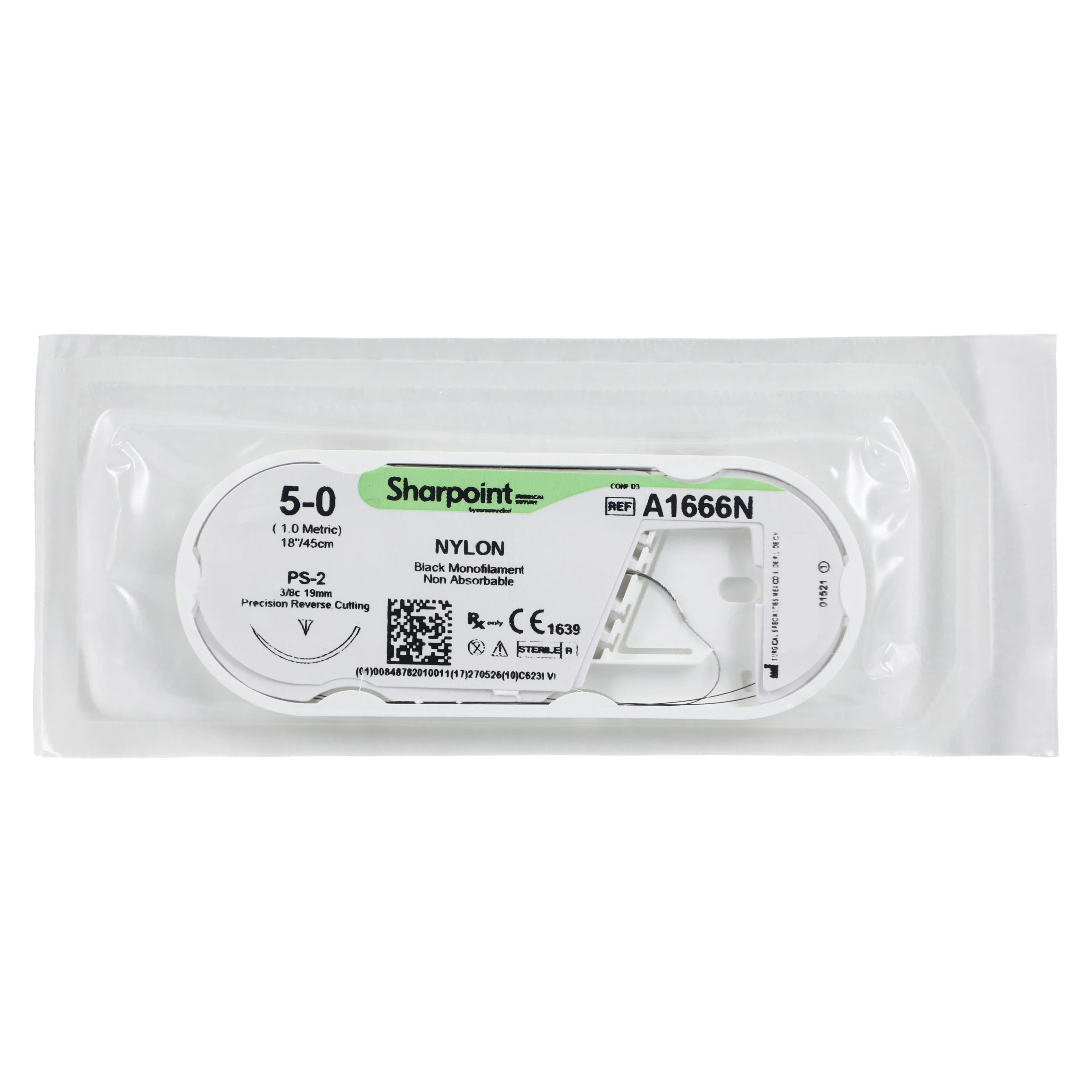 Roylan Nylon Suture, 5-0, 18" (45cm), Monofilament, Non-Absorbable, Reverse Cutting 3/8 Circle Needle 19mm, Black, 12/Box thumbnail 3