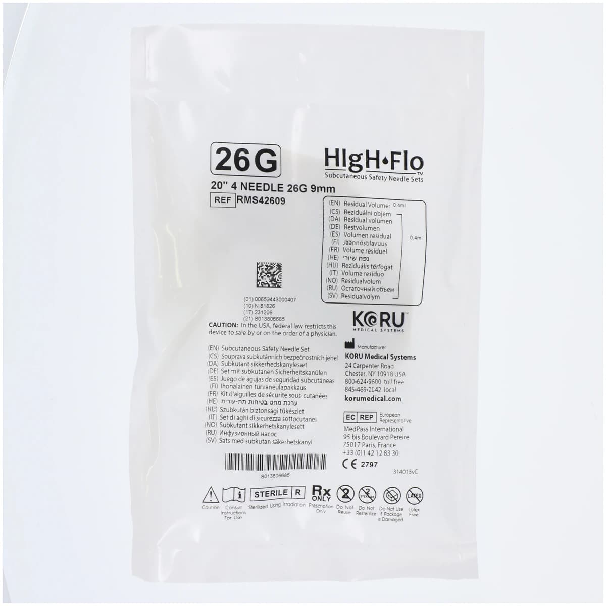 Koru Medical Systems Freedom 60 Safety Needle, 26 Gauge, 10/Box - Needle 26g f/ Freedom 60 - Image 1