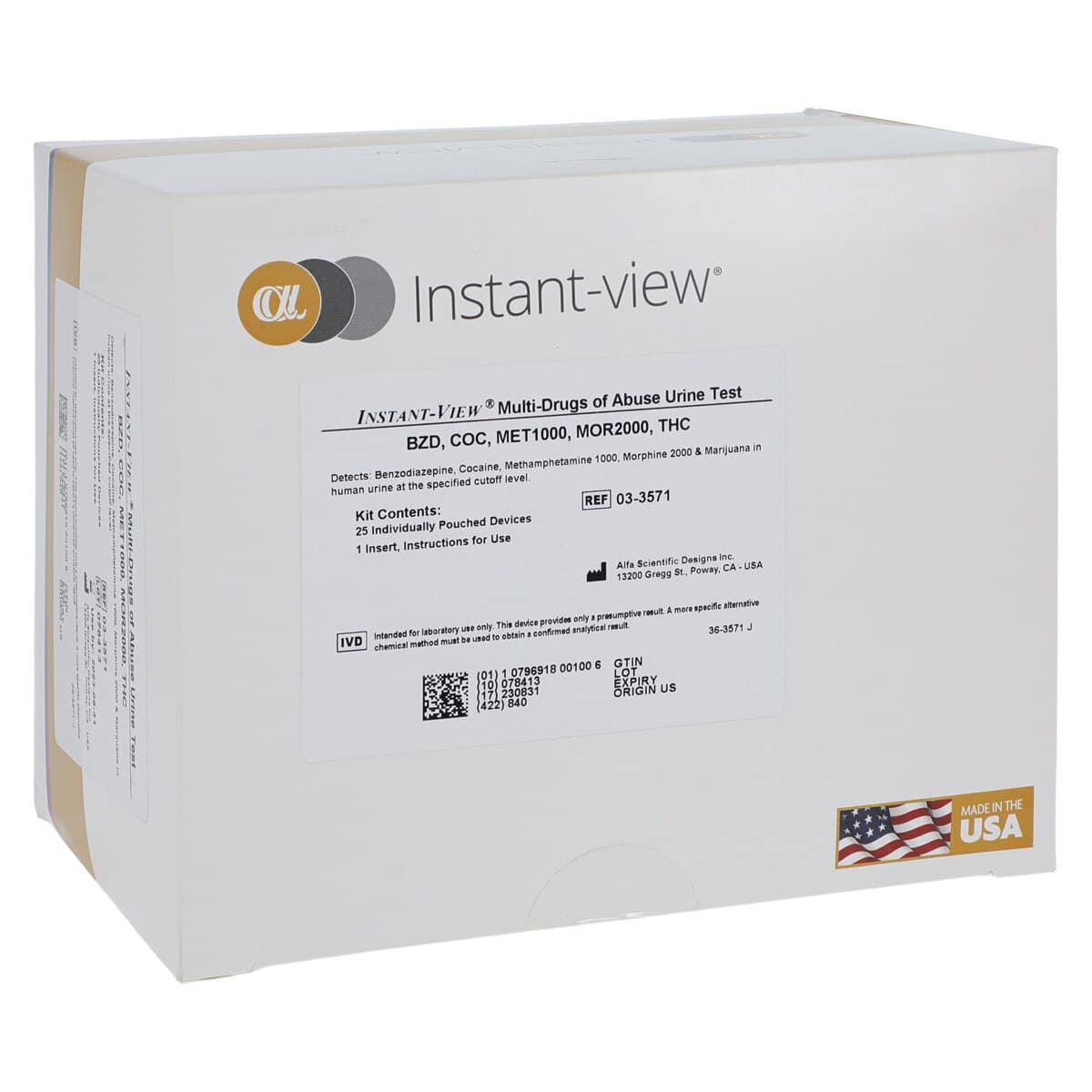 InstantView DOA Drugs of Abuse Test Dip Card, 5 Panel, Moderate Complexity, 25/Box - InsantView Drug Test Dip Card - Image 1