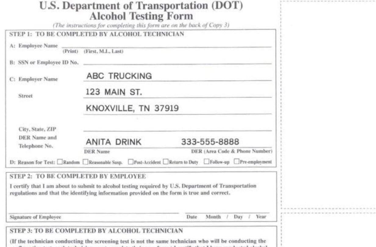 AlcoPro DOT Alcohol Test Form, Each - Form Alcohol Test - Image 1