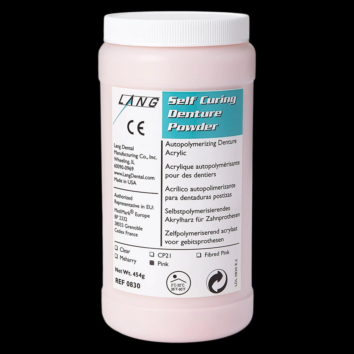 Lang Dental Self-Cure Denture Resin Acrylic Powder, Clear, 1 lb Bottle - Self-Cure Denture Powder - Image 1