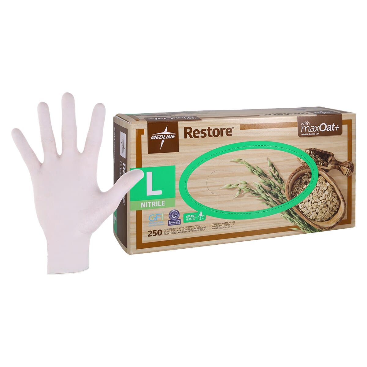 Medline Restore Nitrile Examination Gloves, Large, White, Powder-Free, Non-Sterile, Colloidal Oatmeal, 250/Box - -Restore Nitrile LRG Gloves Colloidal Oatmeal (250) - Image 1