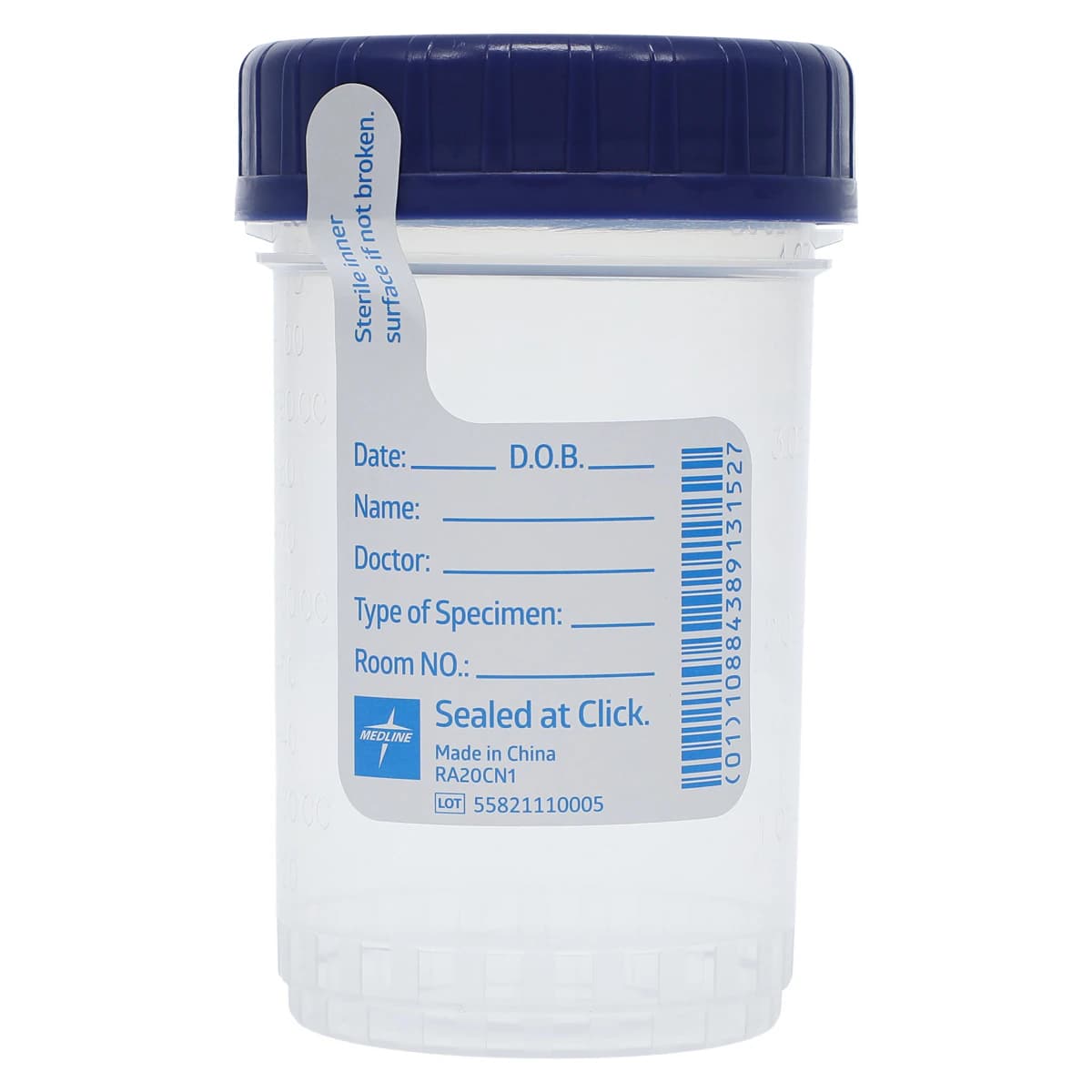 Medline Click N Close Specimen Container, 4 oz, Sterile, Blue Screw Cap, Leakproof, 300/Case - Container ClicknClose Spec - Image 1
