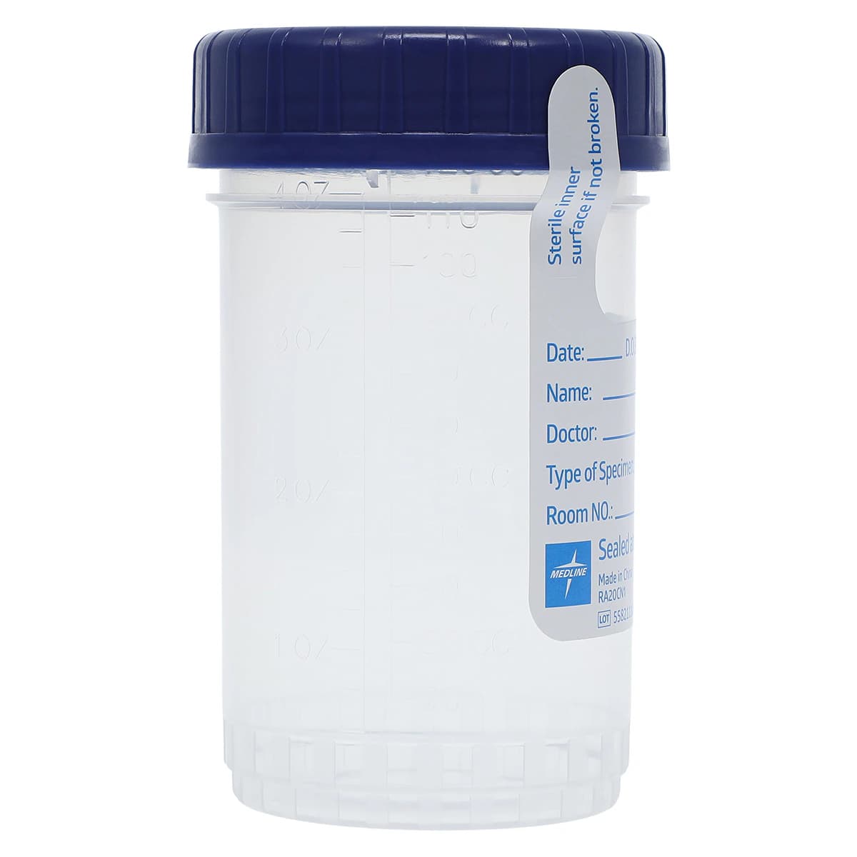 Medline Click N Close Specimen Container, 4 oz, Sterile, Blue Screw Cap, Leakproof, 300/Case thumbnail 2