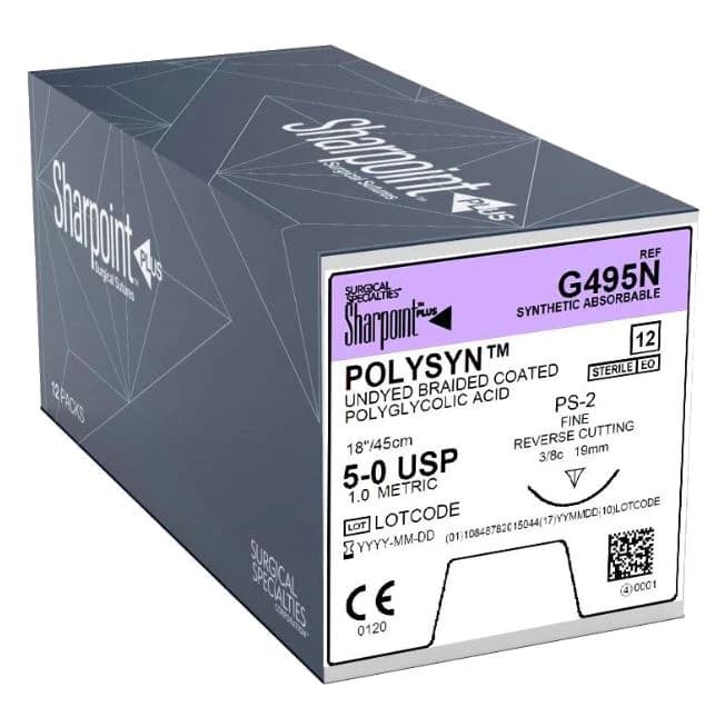 LOOK™ PolySyn™ Sutures 5-0 PGA (Polyglycolic Acid) Braided, Violet, 18 Inch, PS-2 3/8 Circle Reverse Cutting Needle, Pkg/12 - LOOK™ PolySyn™ Sutures 5-0 PGA (Polyglycolic Acid) Braided PS-2 3/8 Circle Violet 18 Inch Pkg/12 - Image 1