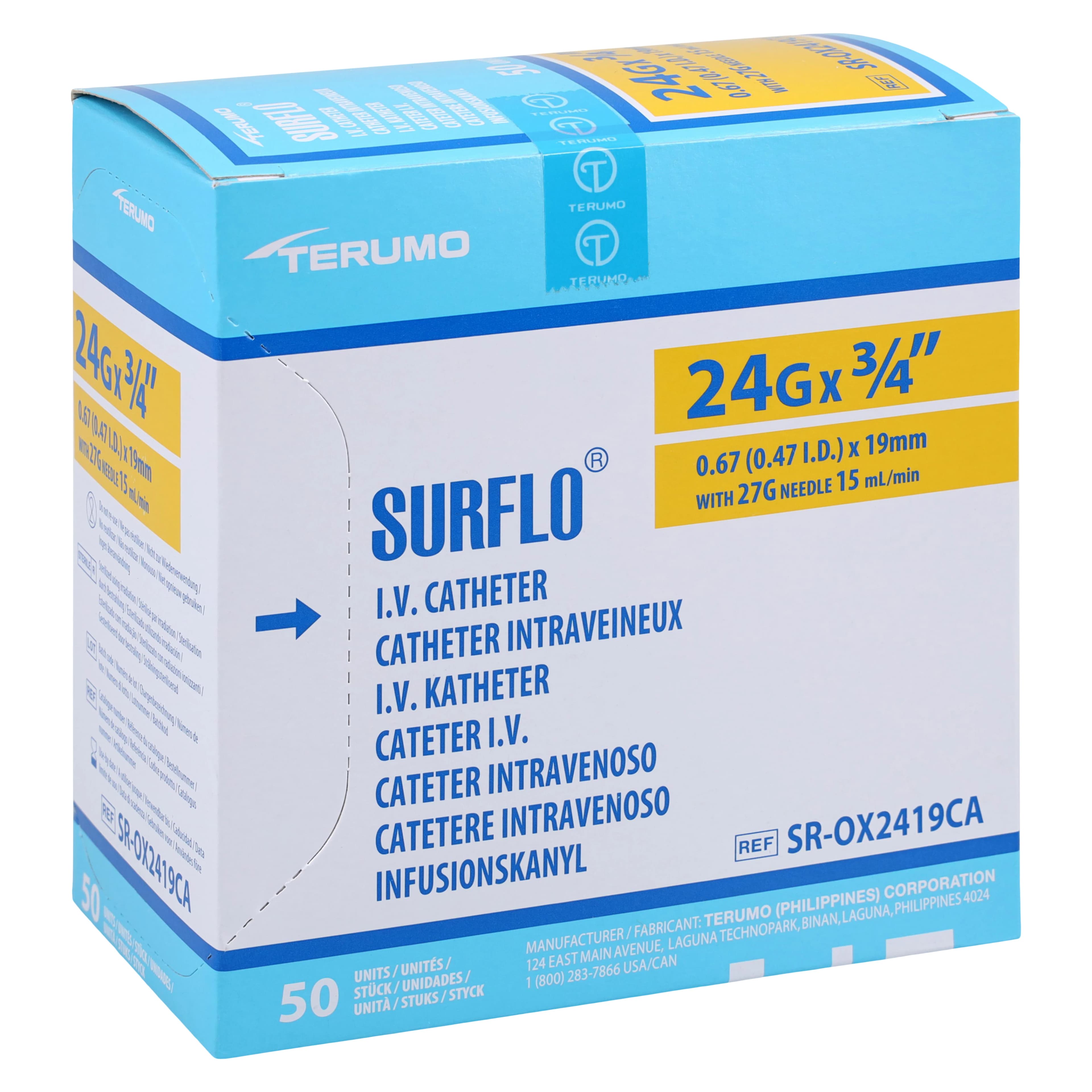 Surflo IV Catheter, 24 Gauge, 3/4", Double-Bevel ETFE, Sterile, Yellow, 50/Box - Surflo IV Catheter 24g - Image 1