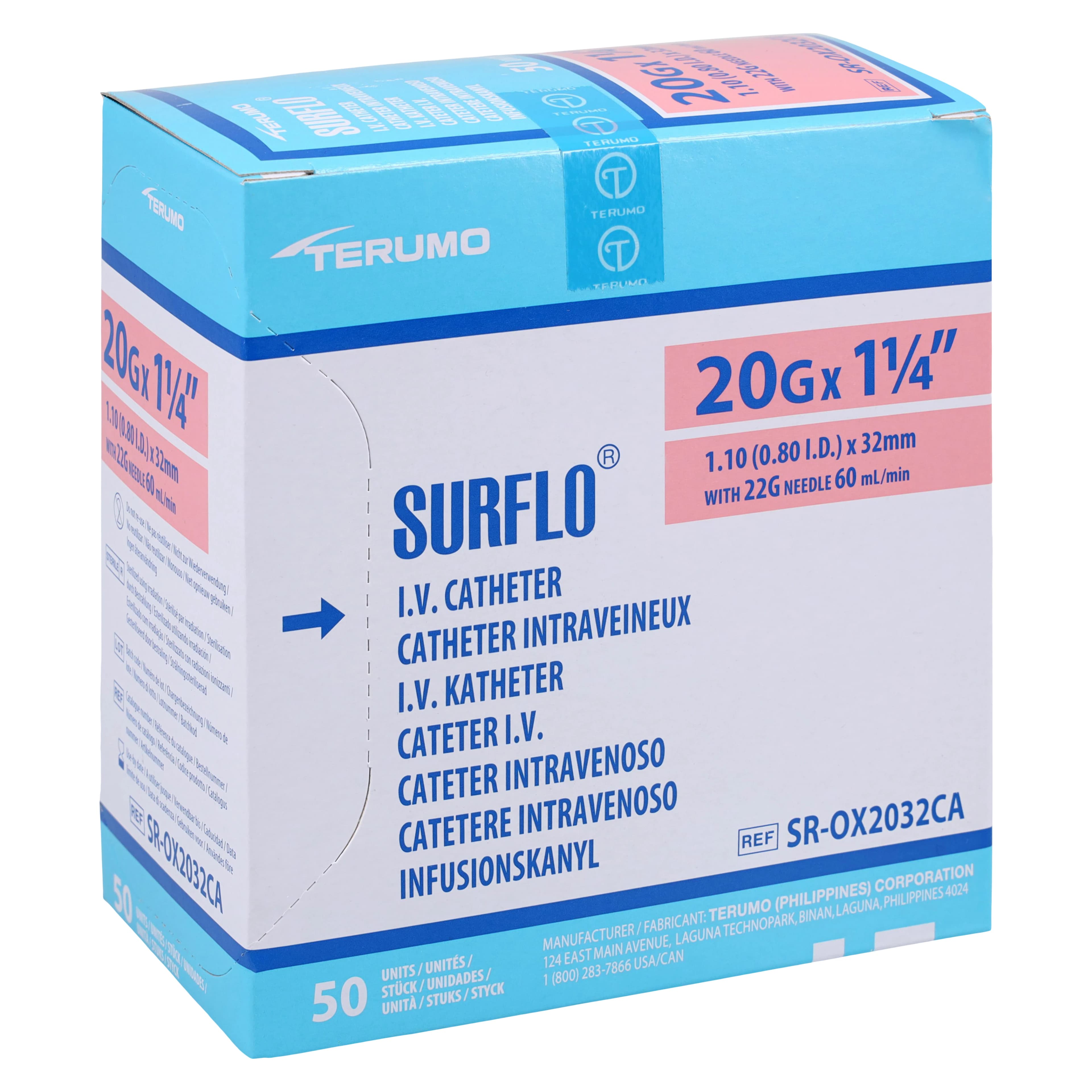 Terumo Surflo IV Catheter, 20 Gauge, 1-1/4", Double-Bevel ETFE, Sterile, Latex-Free, Pink, 50/Box - Surflo IV Cath 20g - Image 1