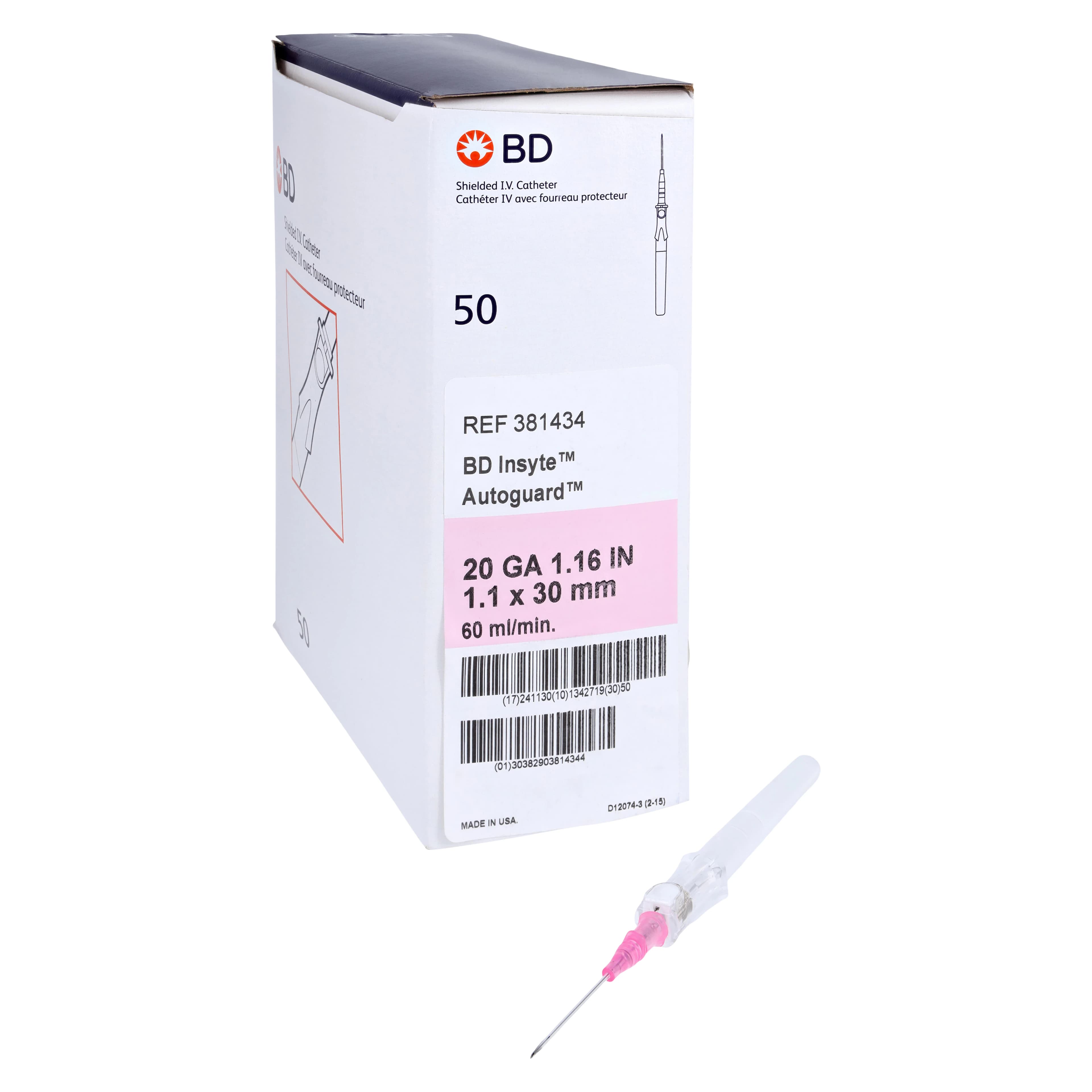 Insyte Autoguard IV Catheter, 20 Gauge, 1.16" Notched Needle, Shielded, Pink, 50/Box thumbnail 2