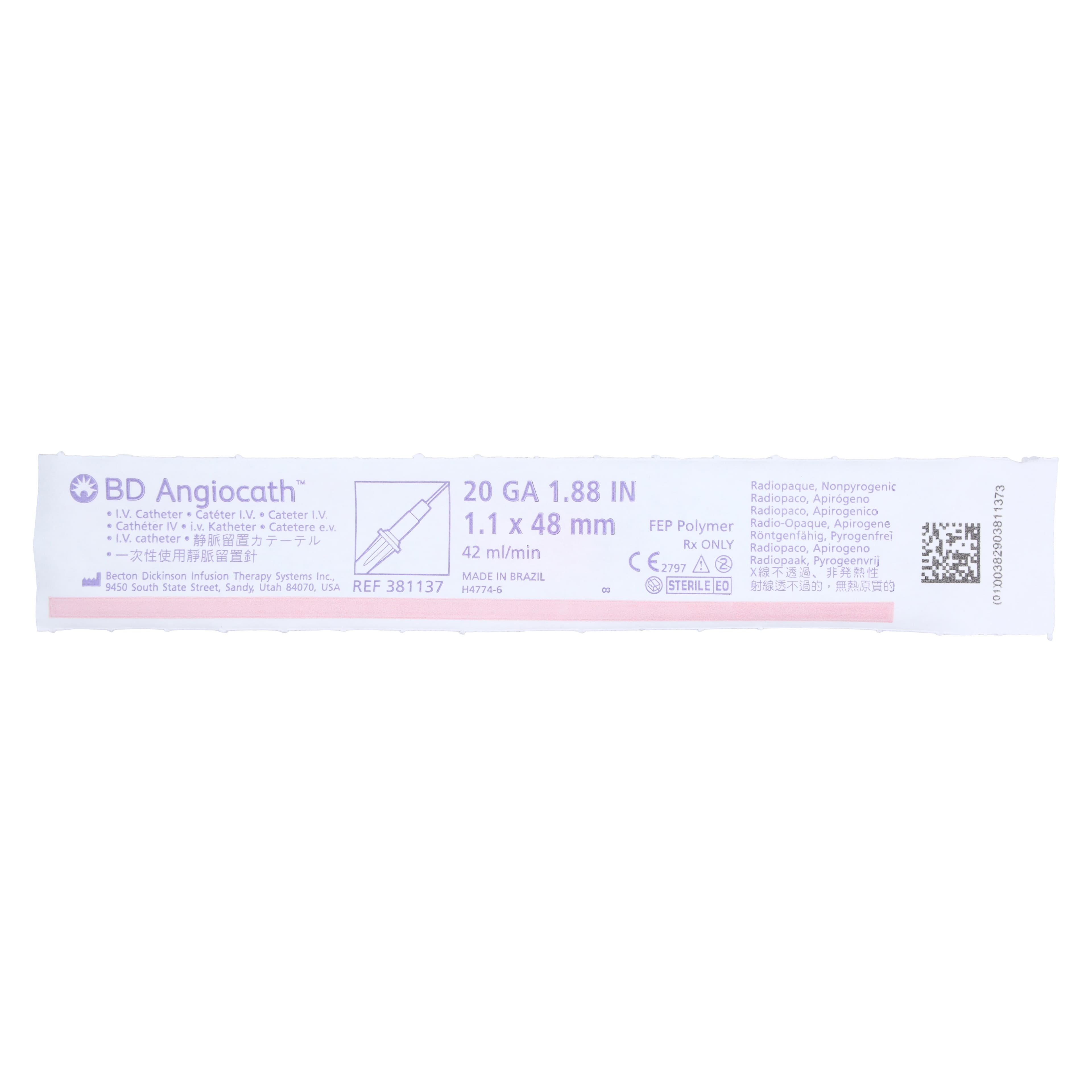 Angiocath Peripheral Venous Catheter, 20 Gauge, 1-7/8" Tapered Tip, Pink, Sterile, Latex-Free, Radiopaque, 50/Box thumbnail 2