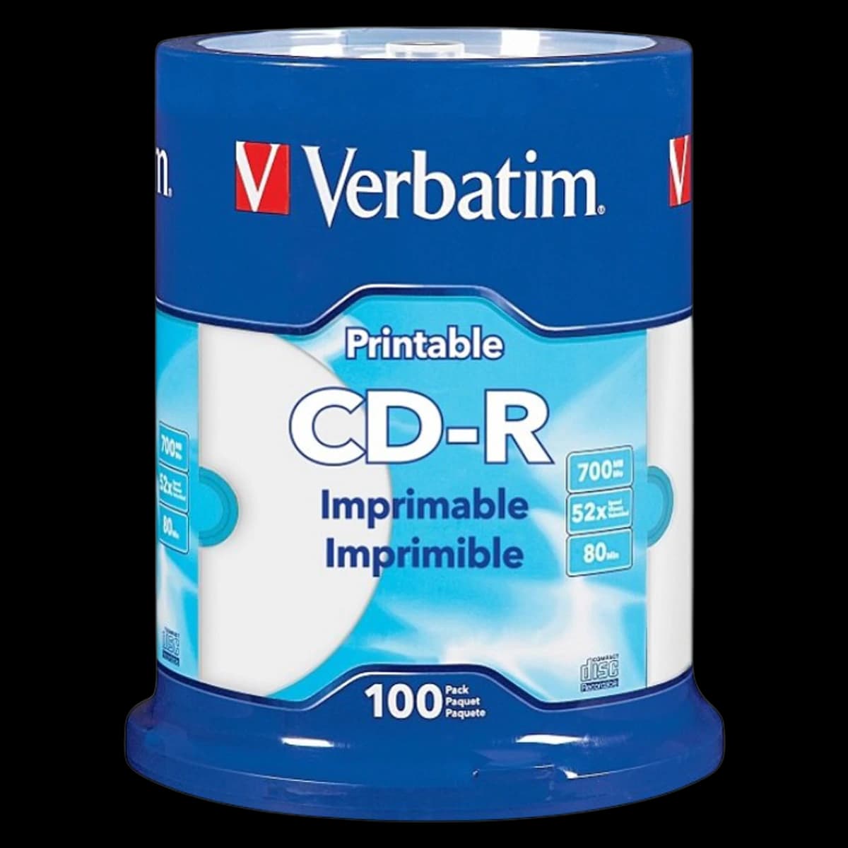 Verbatim CD-R Printable Disc Spindle, White, 100/Pack - CD-R Disc Verbatim White - Image 1