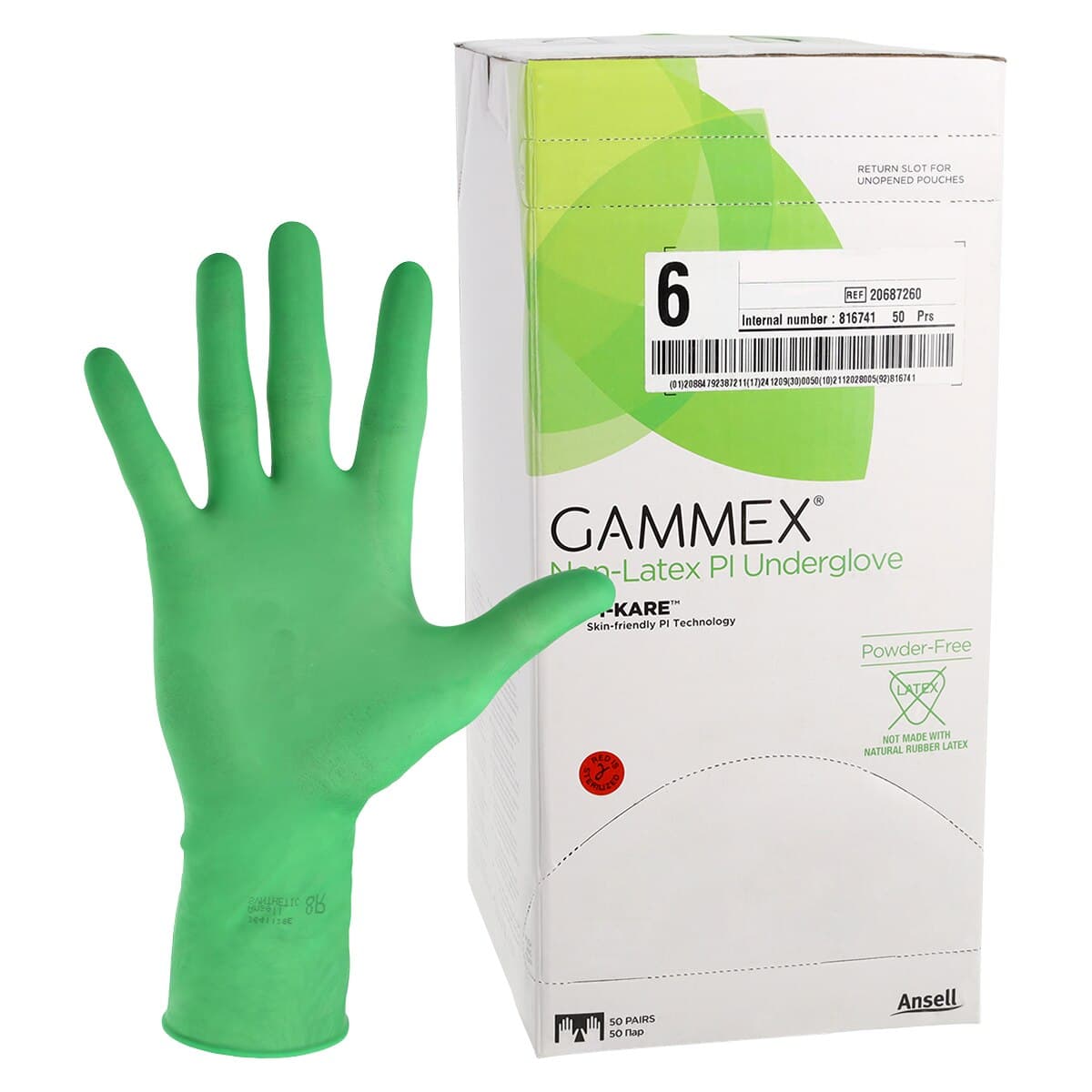 Gammex Non-Latex PI Micro Polyisoprene Surgical Gloves, Size 6, Sterile, Powder-Free, Green, 50 Pairs/Box thumbnail 2