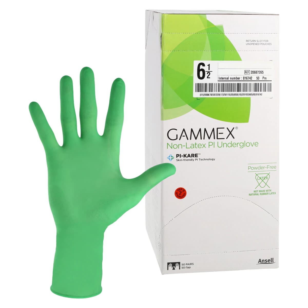Gammex Non-Latex PI Micro Polyisoprene Surgical Gloves, Size 6-1/2, Sterile, Powder-Free, Green, 50 Pairs/Box thumbnail 2