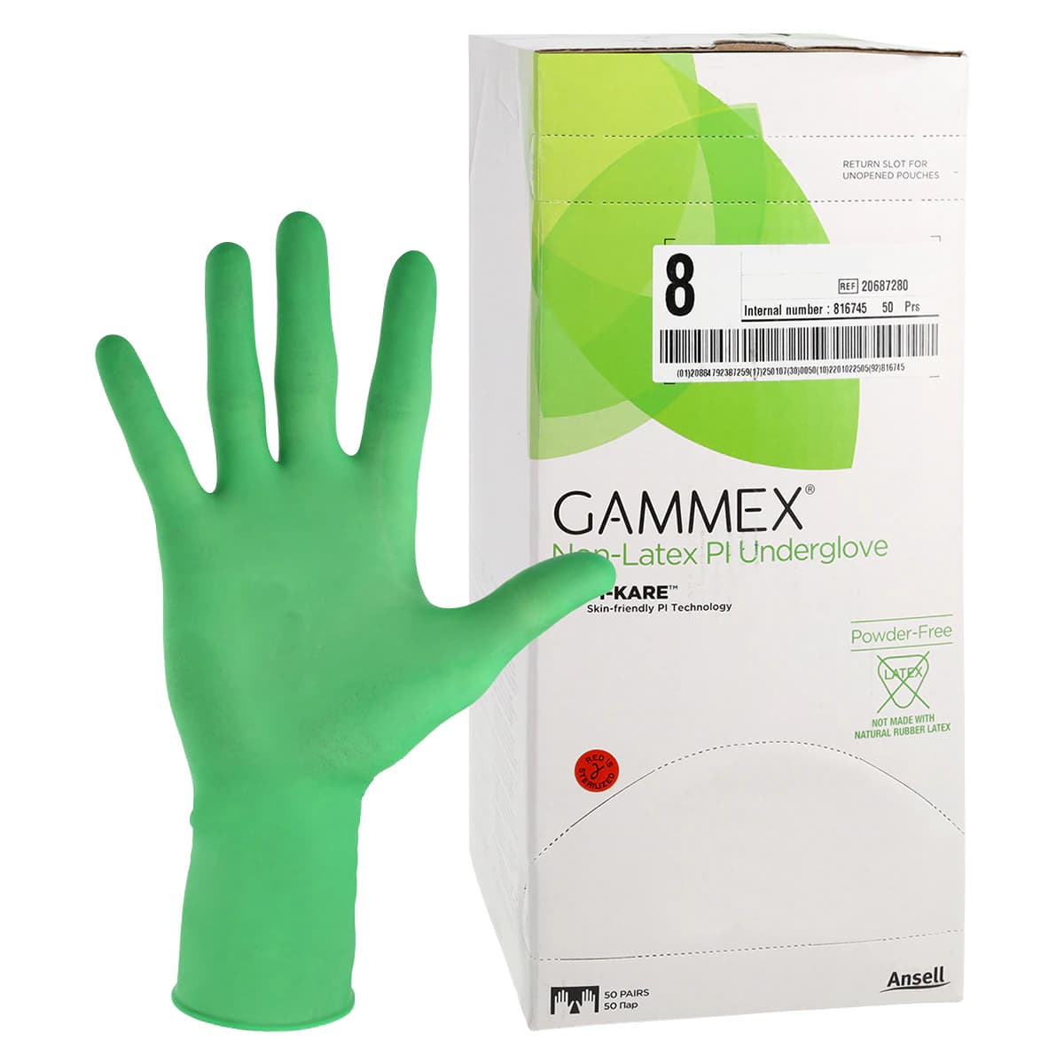 Gammex Non-Latex PI Micro Polyisoprene Surgical Gloves, Sterile, Powder-Free, Green, Size 8, 50 Pairs/Box - Surgical Gloves, Size 8, Green, 50 pr/bx, 20687280 - Image 1