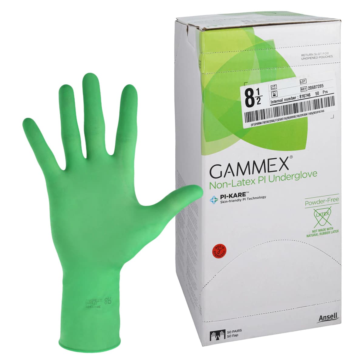 Gammex Non-Latex PI Micro Polyisoprene Surgical Gloves, Size 8-1/2, Sterile, Powder-Free, Green, 50 Pairs/Box thumbnail 2