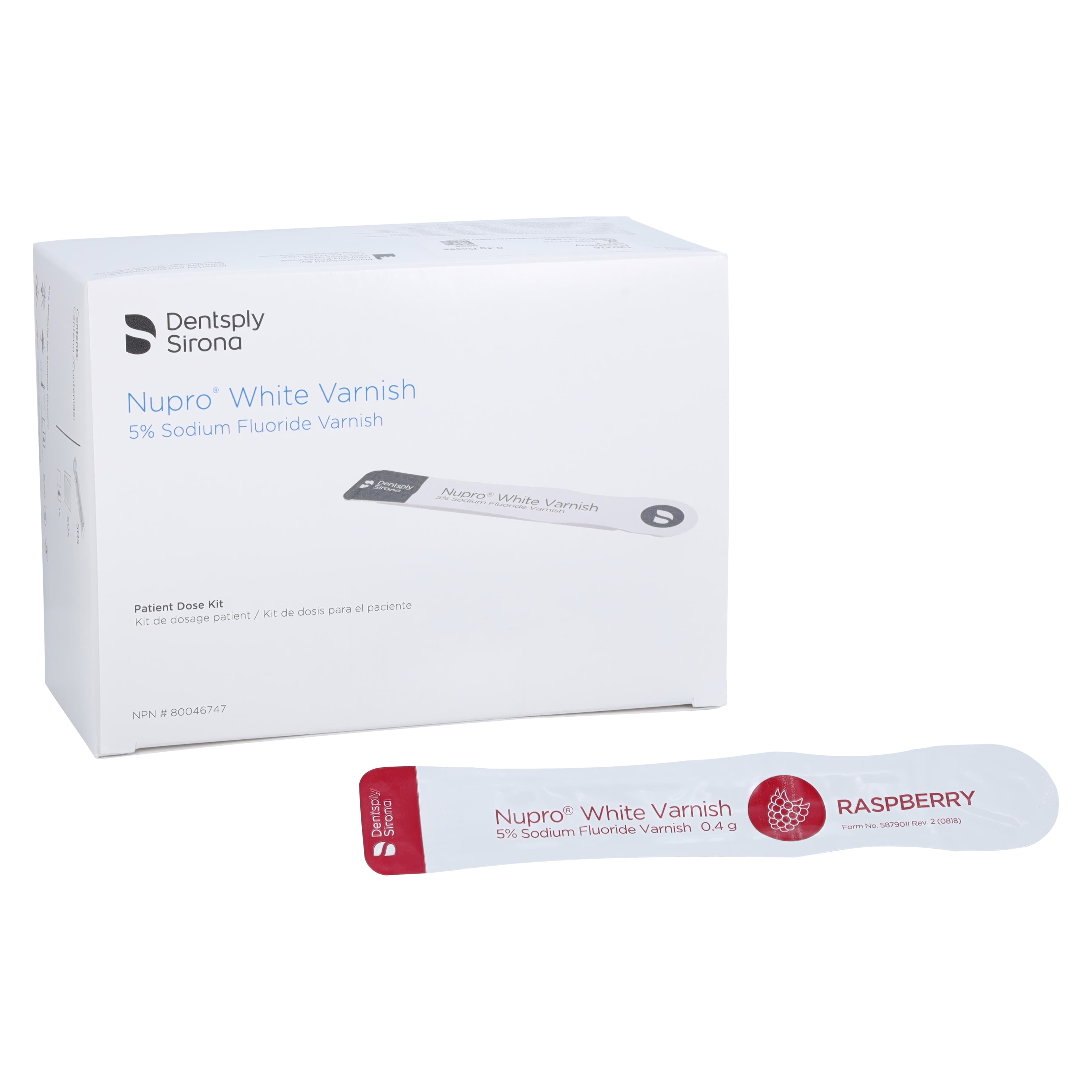 Nupro White Varnish 5% Sodium Fluoride, Raspberry, 0.4 g, Easy Application Packages, 50/Box, 130326 - Nupro 5% AppPk Wht Varnish Raspberry 0.4g (50) - Image 1