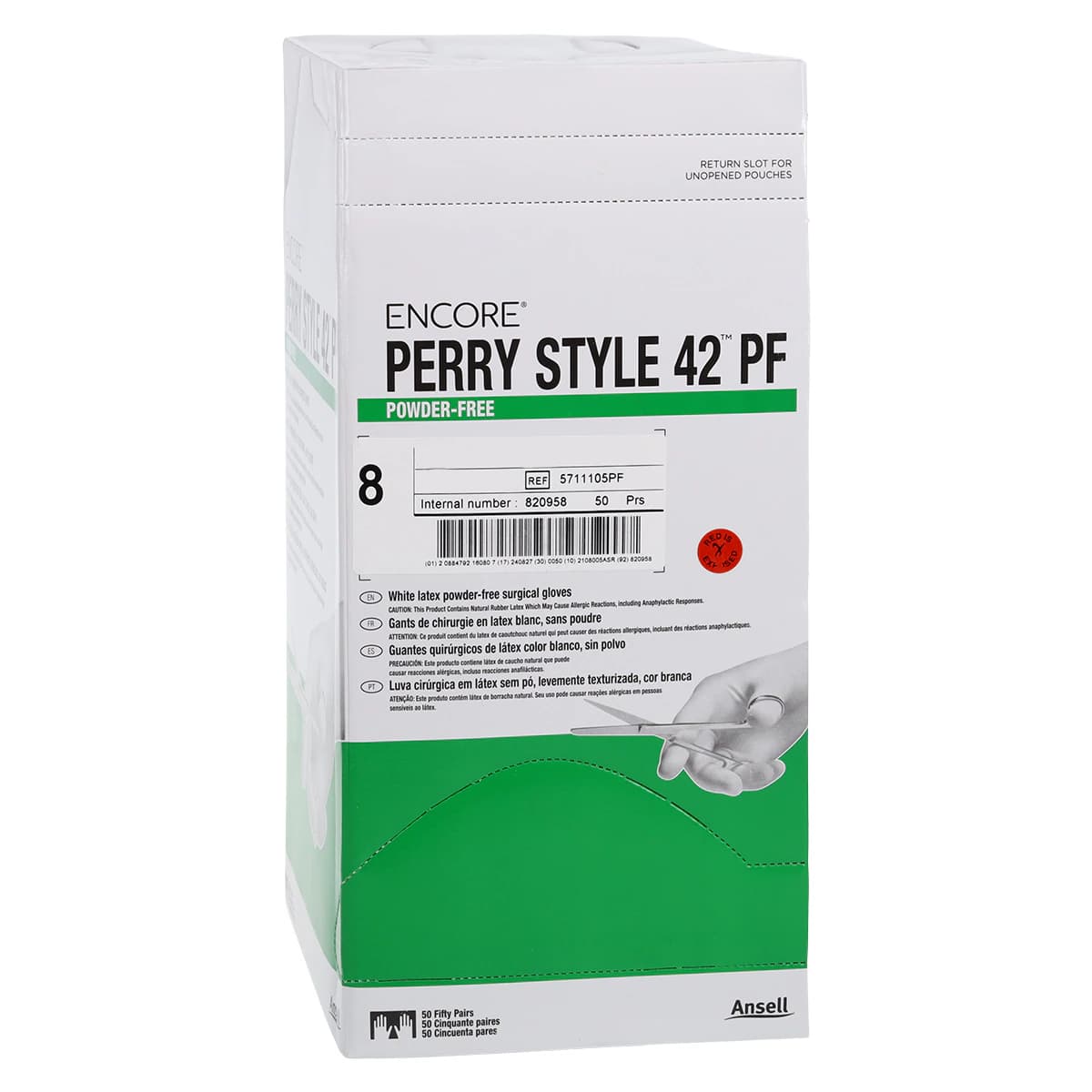 Ansell Encore Perry Style 42 Powder-Free Sterile Latex Surgical Gloves, Size 8, White, 50 Pairs/Box thumbnail 4