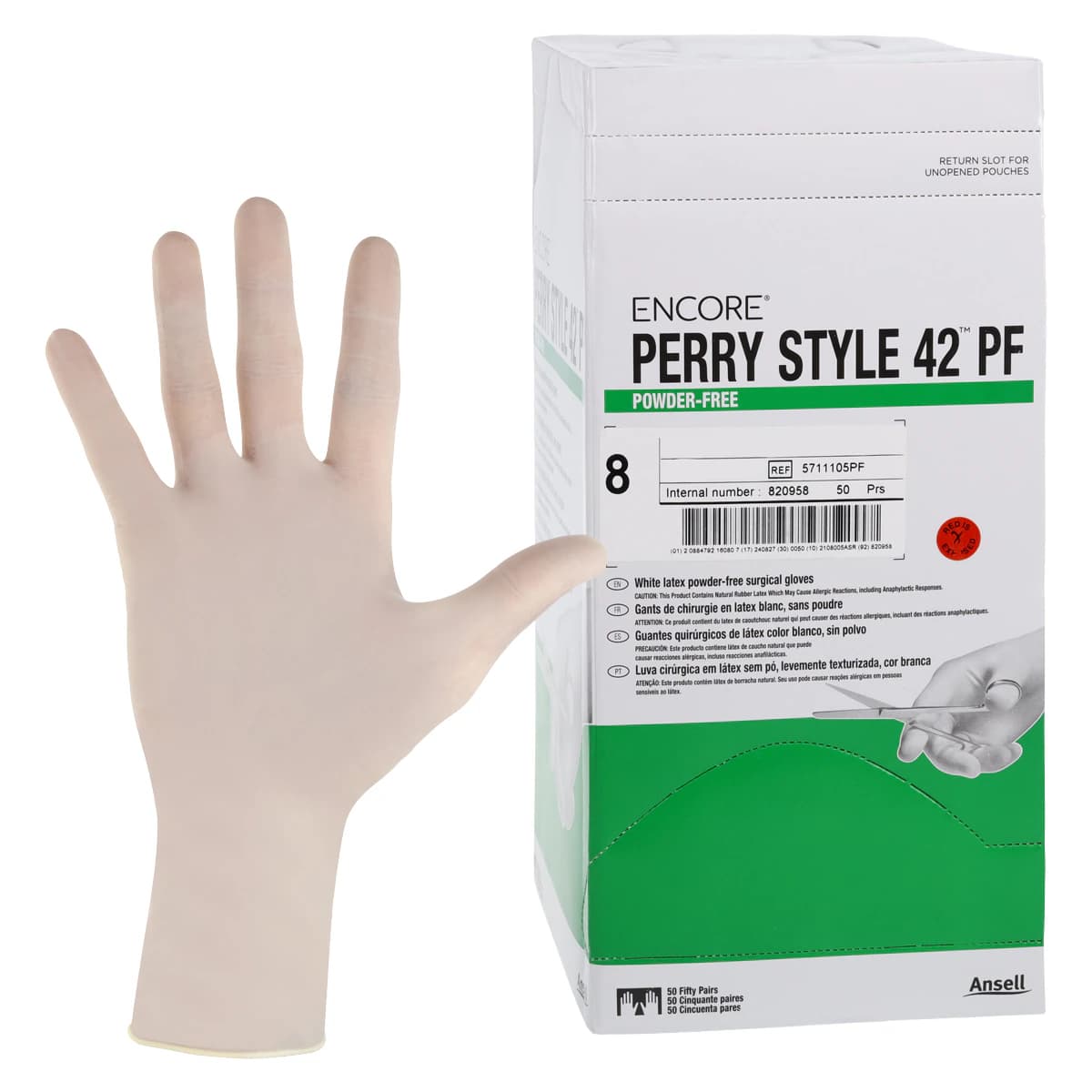 Ansell Encore Perry Style 42 Powder-Free Sterile Latex Surgical Gloves, Size 8, White, 50 Pairs/Box - Encore Perry Style 42 Latex Surgical Gloves - Image 1