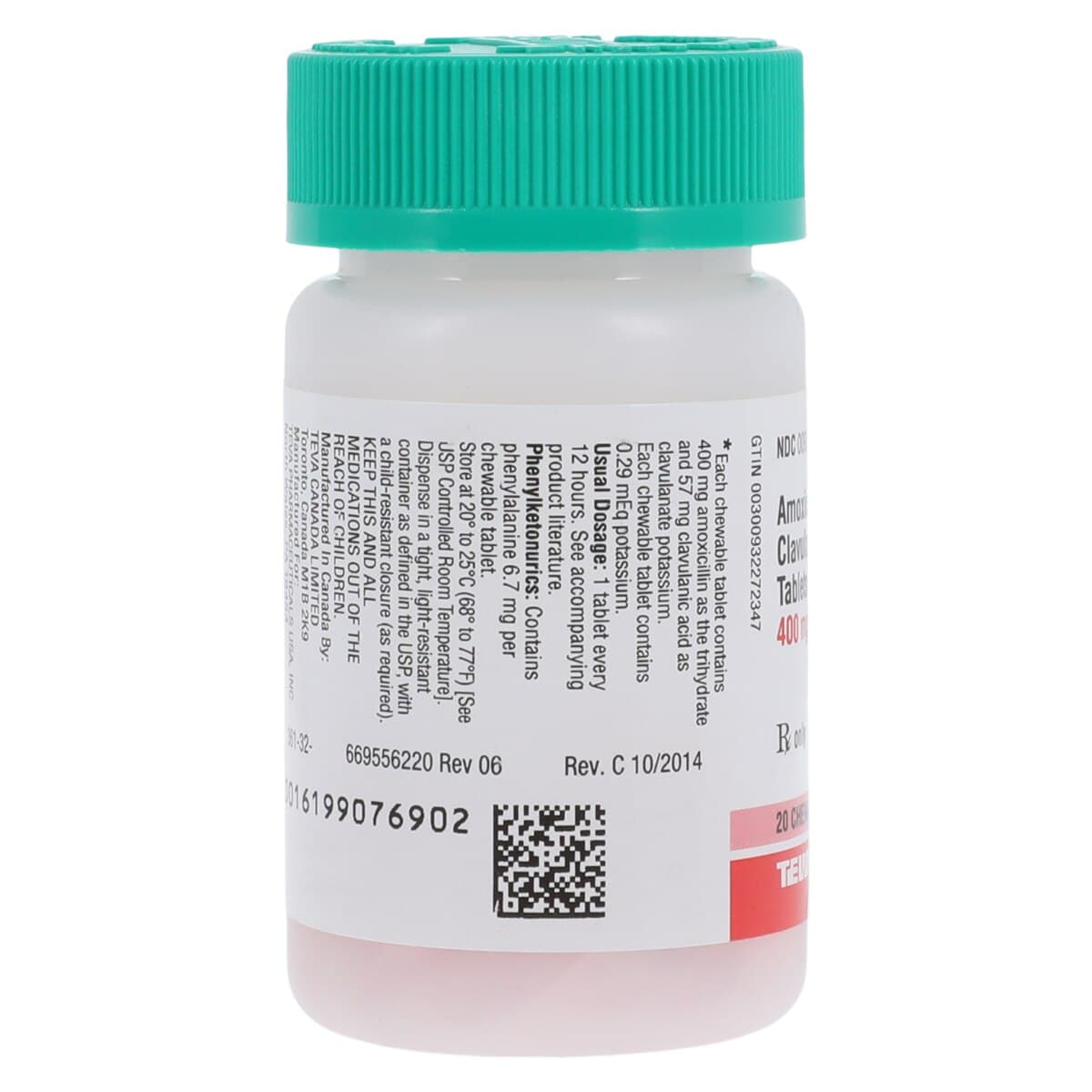 Amoxicillin/Clavulanate Potassium Chewable Tablets 400mg/57mg, 20 Count Bottle thumbnail 2