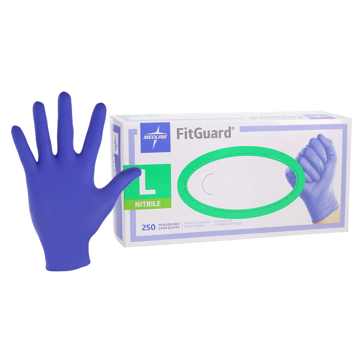 Medline FitGuard Nitrile Exam Gloves, Powder-Free, Non-Sterile, Large, Blue, Textured Fingertips, 250/Box - FitGuard Nitrile LRG PF Txt Gloves, Blue (250) - Image 1