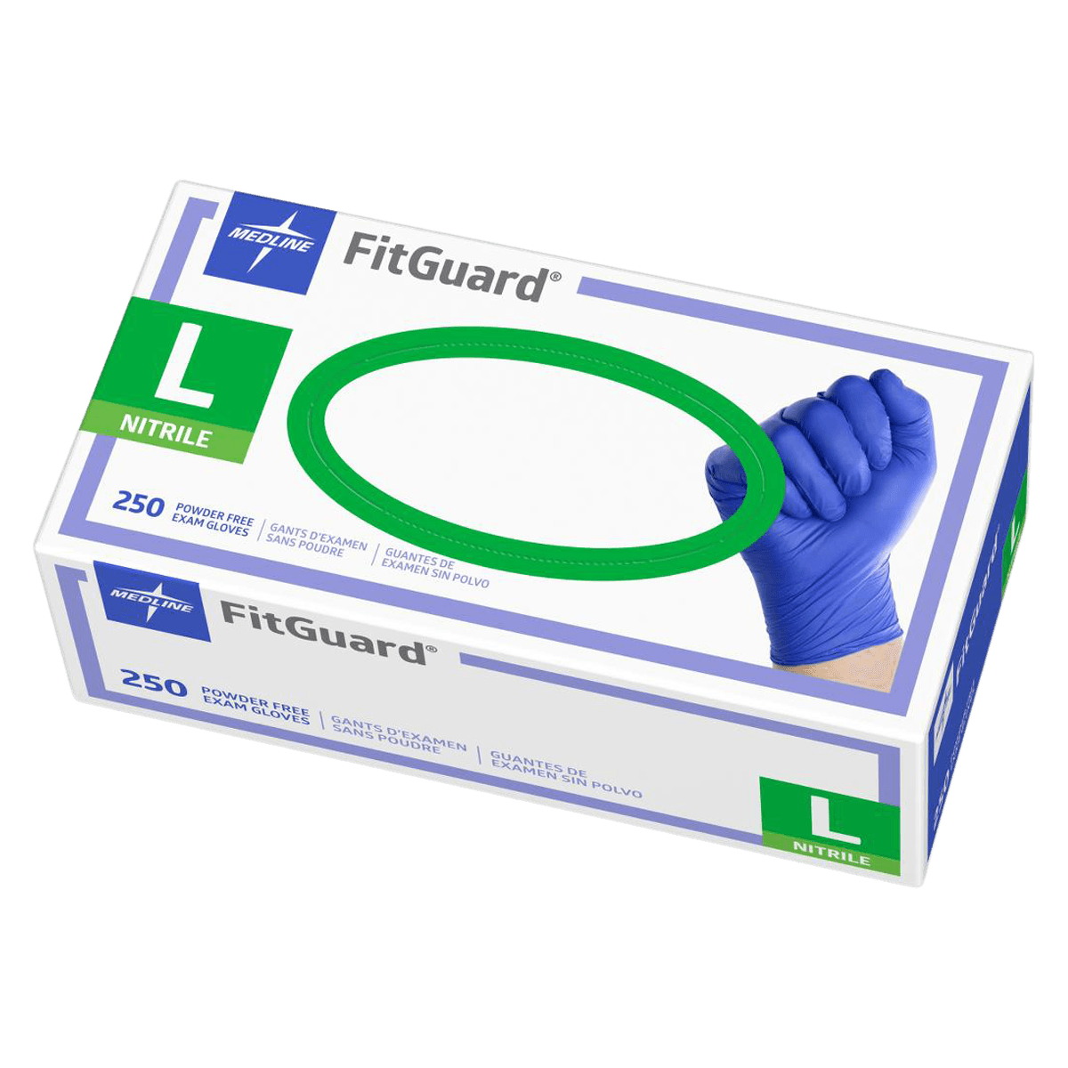 Medline FitGuard Nitrile Exam Gloves, Powder-Free, Non-Sterile, Large, Blue, Textured Fingertips, 250/Box thumbnail 2